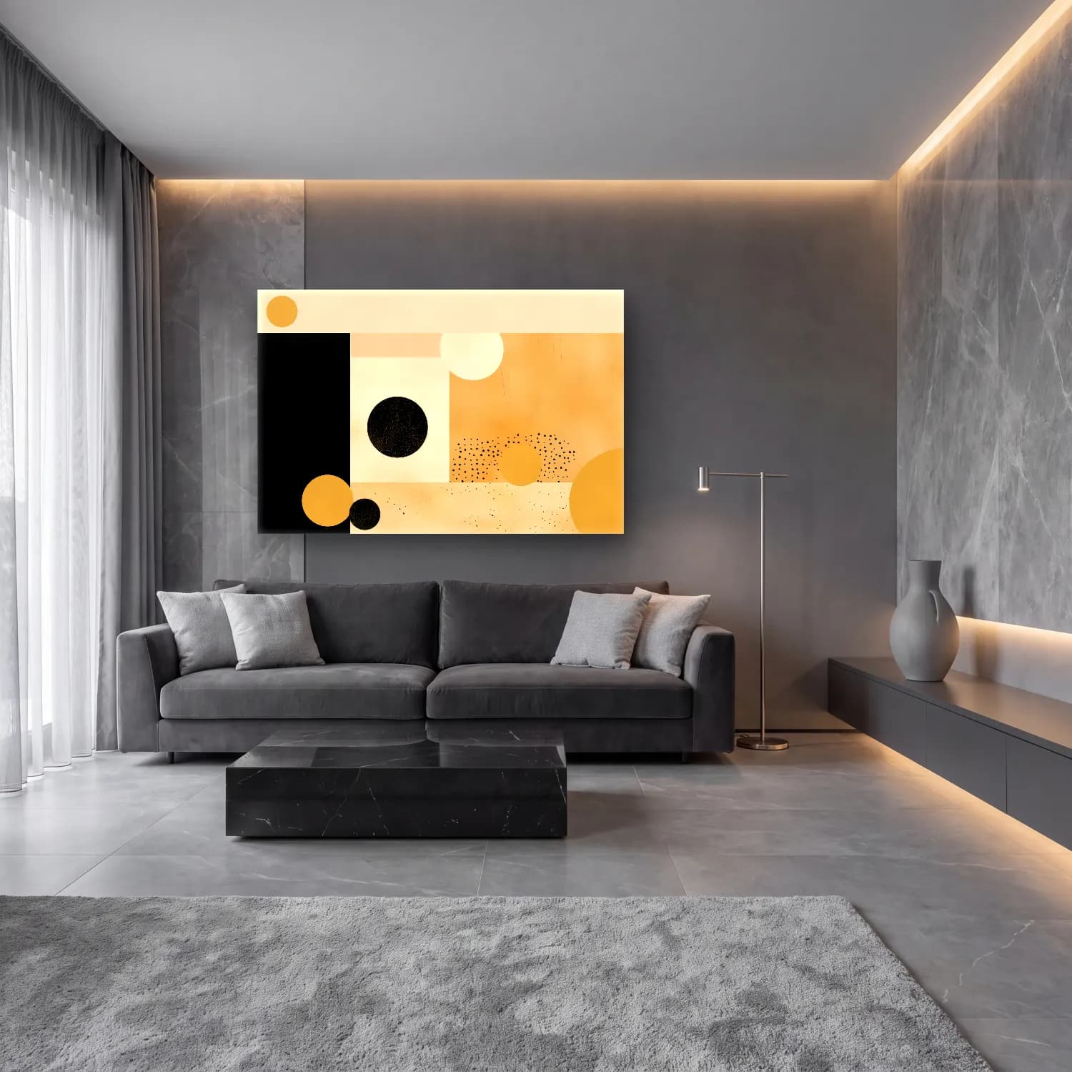 Modern Soyut Geometrik Daireler – Bej Tonlar cam tablo — lüks salon duvarında