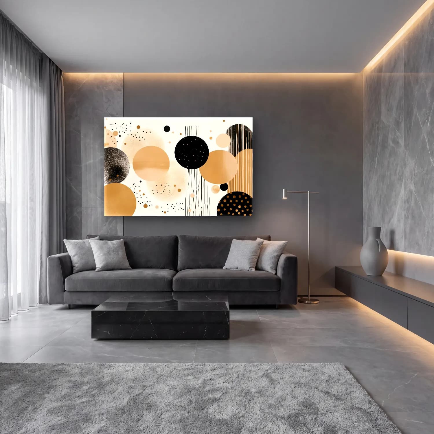 Boho Geometrik Daireler cam tablo — lüks salon duvarında