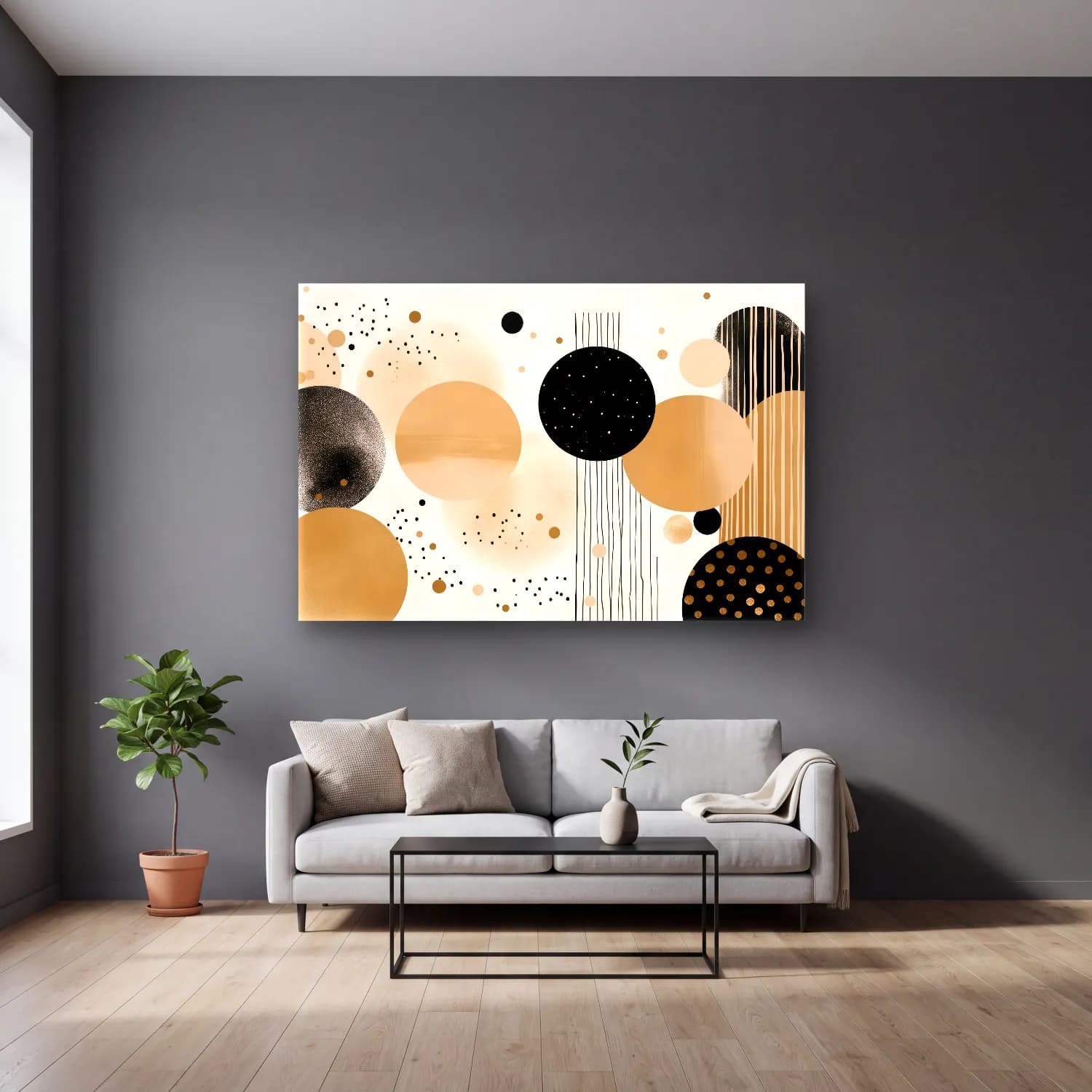 Boho Geometrik Daireler cam tablo — gri duvarlı salonda