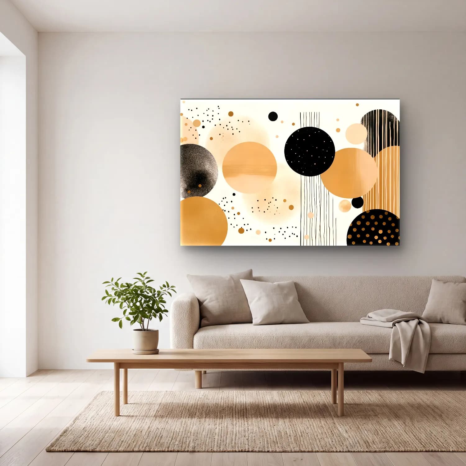 Boho Geometrik Daireler cam tablo — açık renk salonda