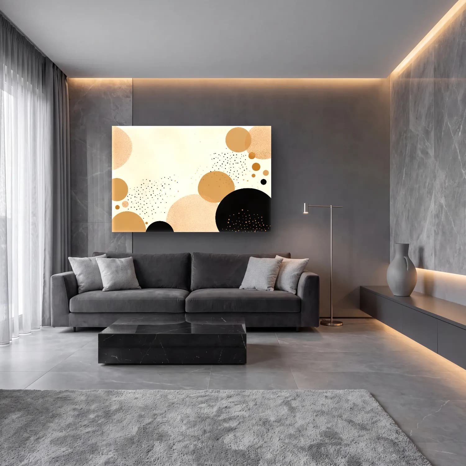 Modern Soyut Geometrik Daireler No. 8 cam tablo — lüks salon duvarında