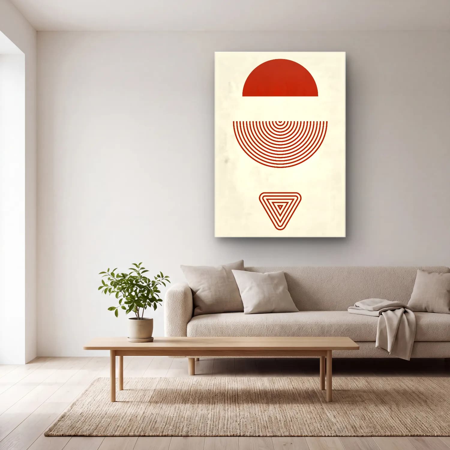 Bauhaus Geometrik Daireler cam tablo — açık renk salonda