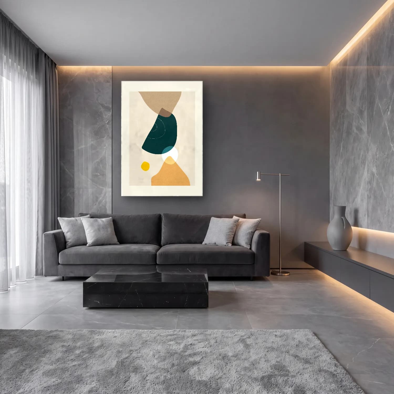 Modern Soyut Formlar No. 15 cam tablo — lüks salon duvarında