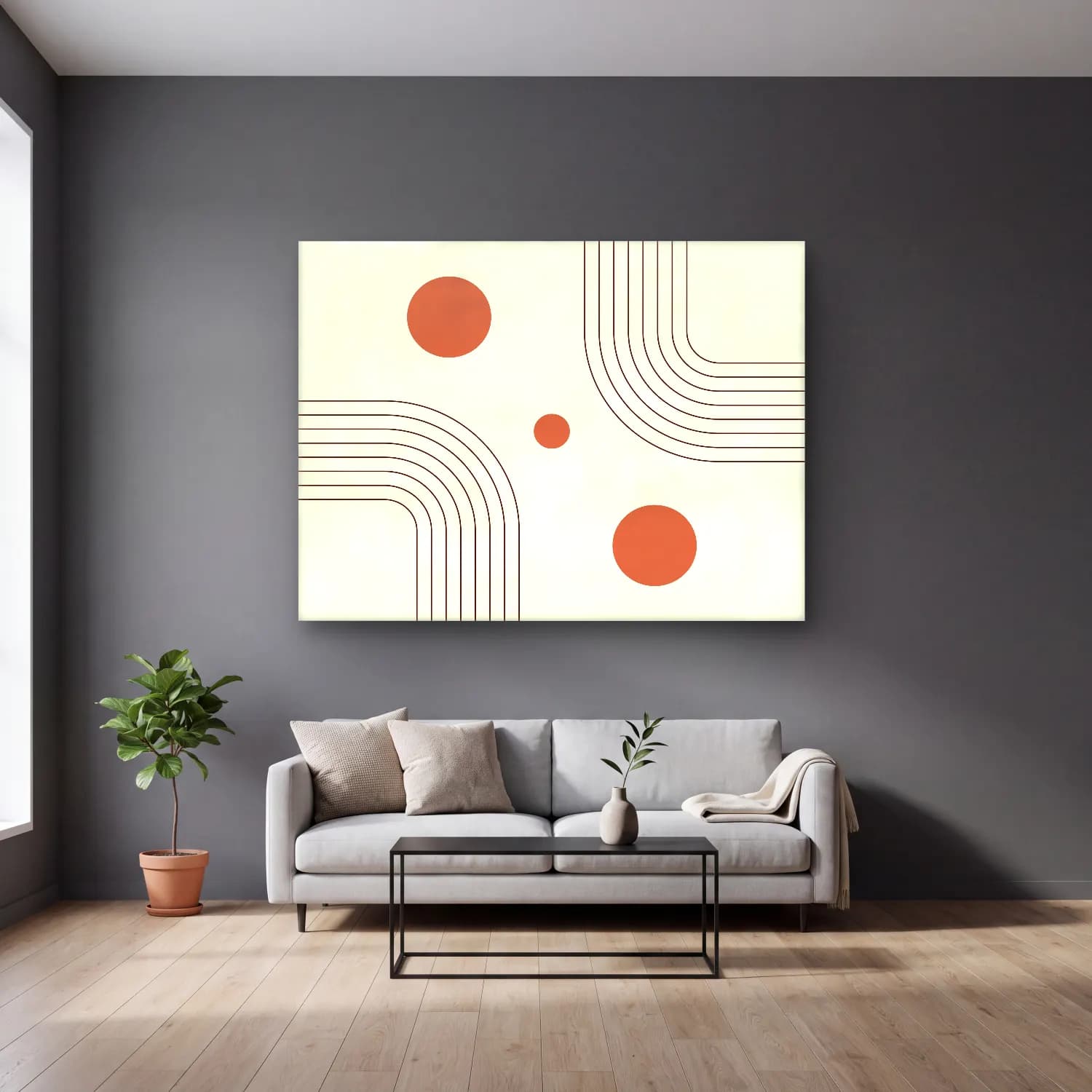 Çizgi Sanatı Geometrik Daireler cam tablo — gri duvarlı salonda