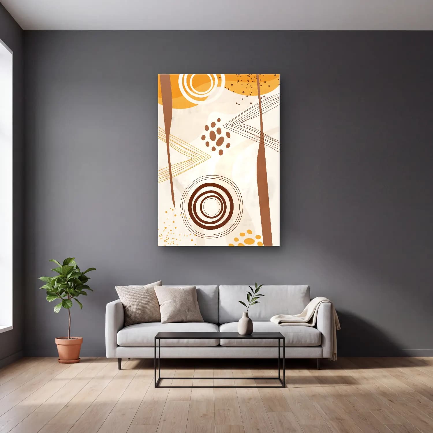 Boho Geometrik Daireler – Bej Tonlar cam tablo — gri duvarlı salonda