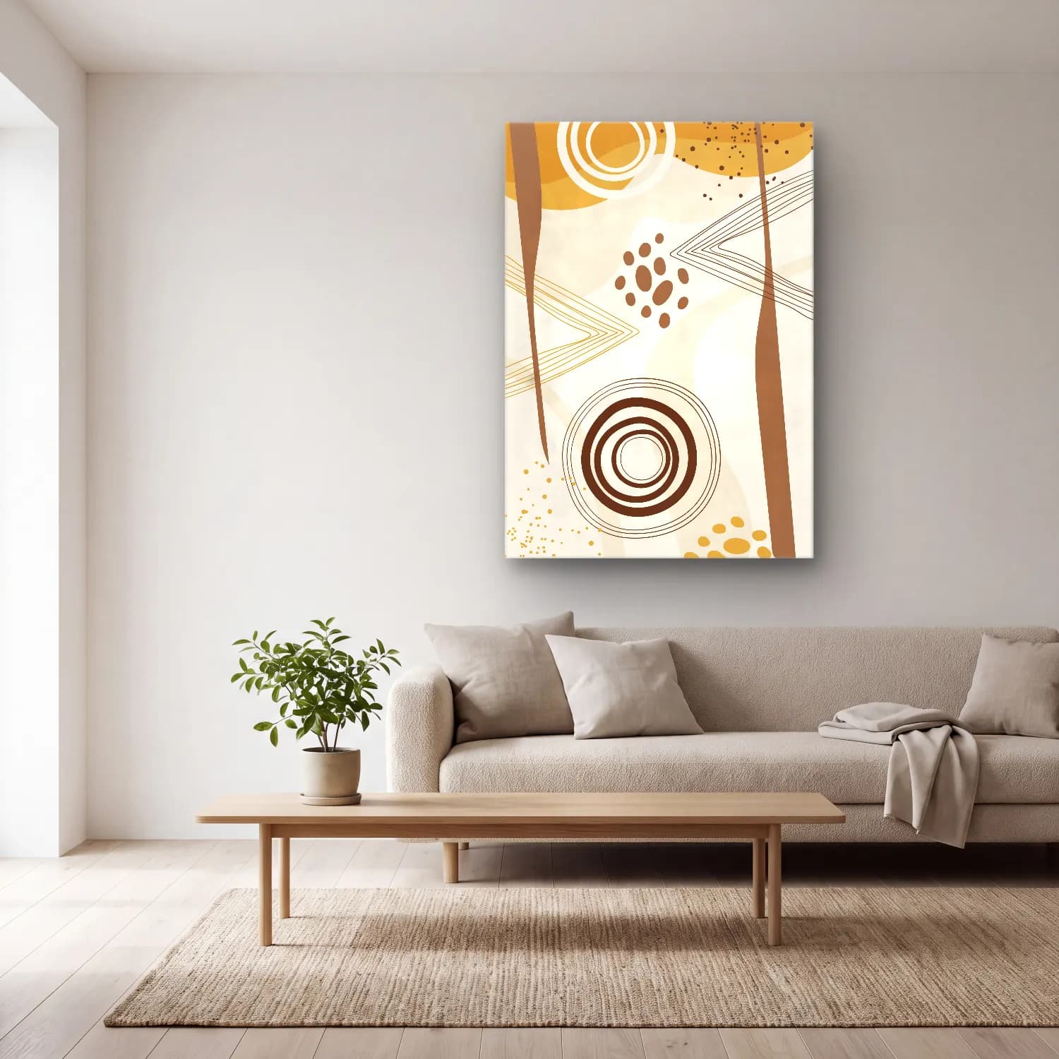 Boho Geometrik Daireler – Bej Tonlar cam tablo — açık renk salonda
