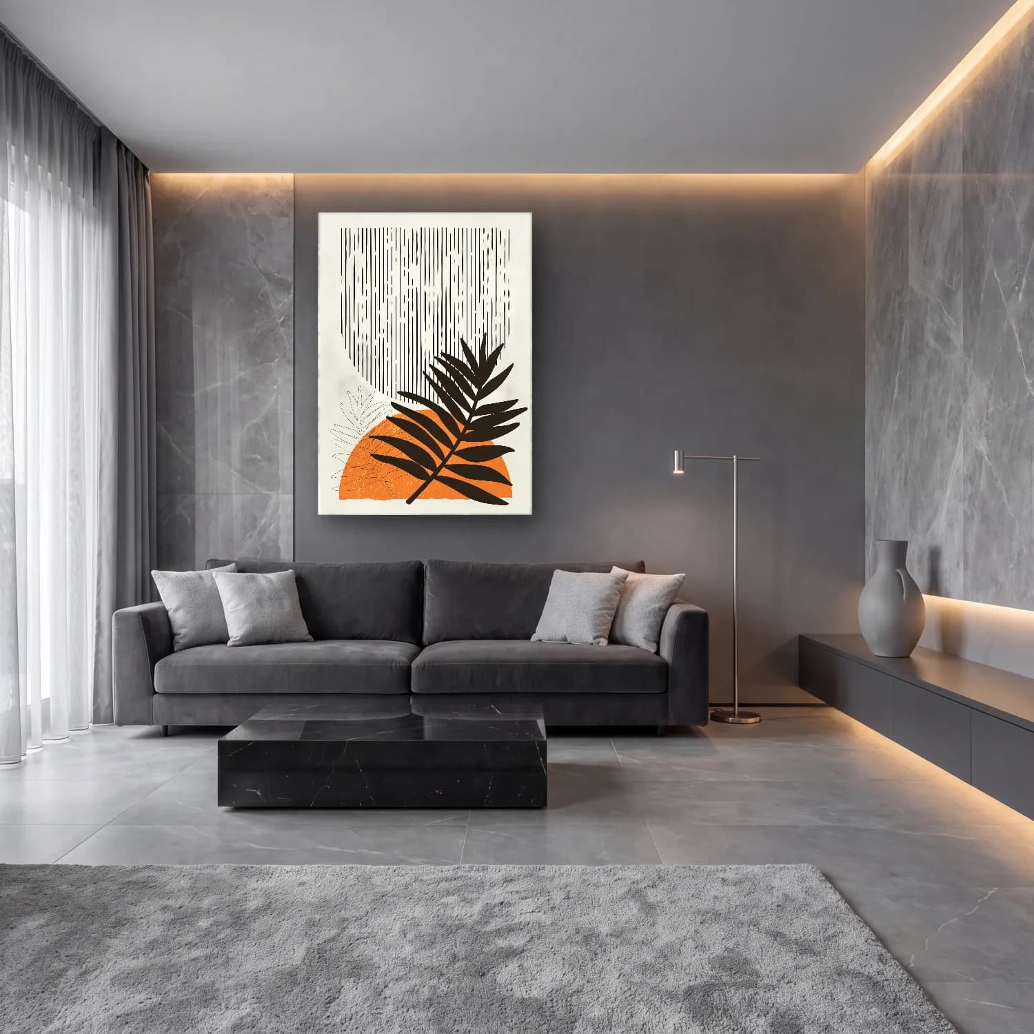 Boho Palmiye Yaprağı – Siyah Beyaz Tonlar cam tablo — lüks salon duvarında