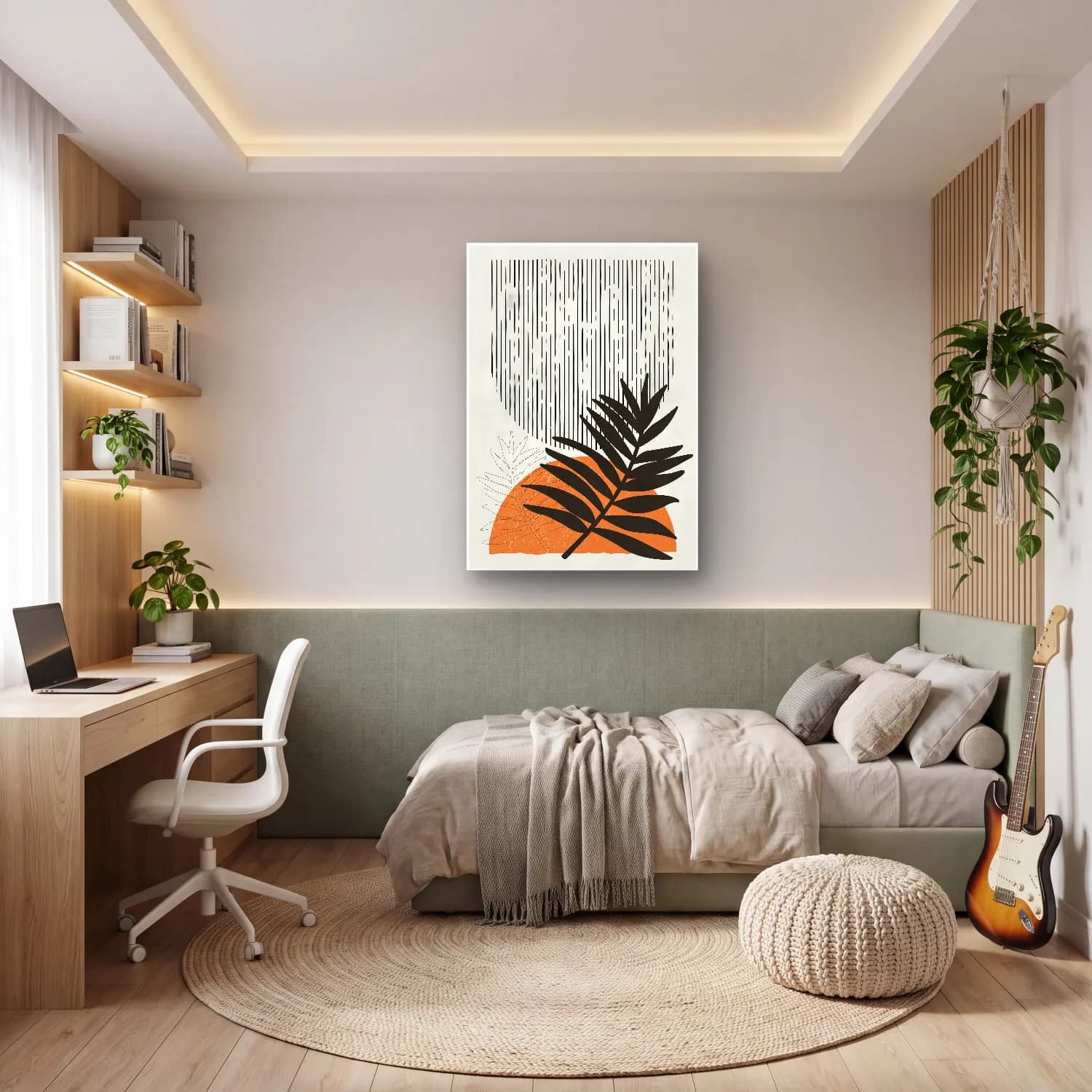 Boho Palmiye Yaprağı – Siyah Beyaz Tonlar cam tablo — genç odasında