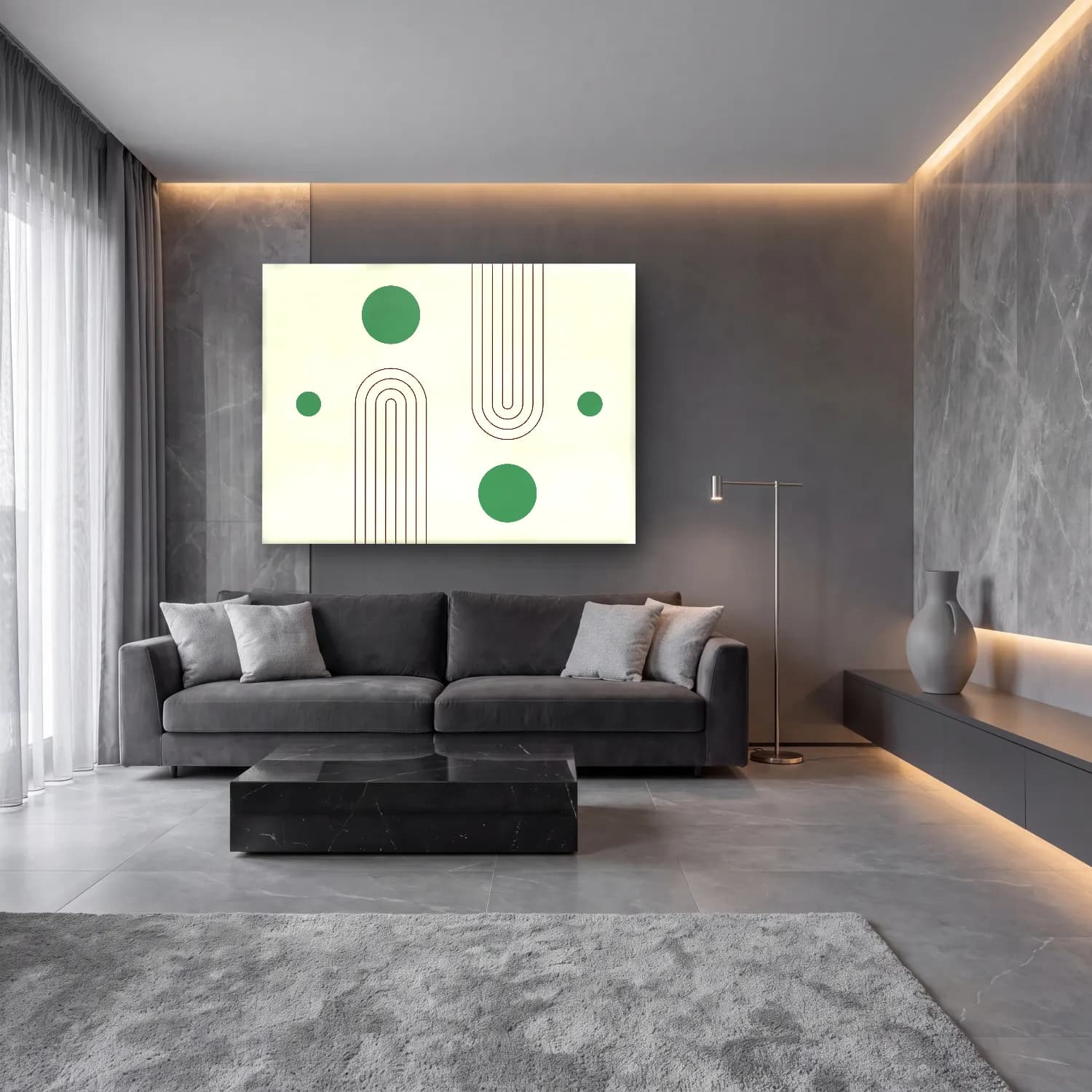 Çizgi Sanatı Geometrik Daireler – Yeşil Tonlar cam tablo — lüks salon duvarında
