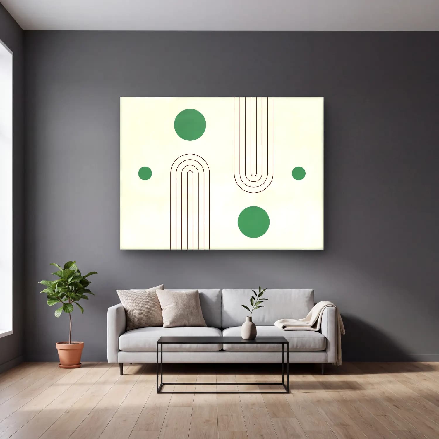 Çizgi Sanatı Geometrik Daireler – Yeşil Tonlar cam tablo — gri duvarlı salonda