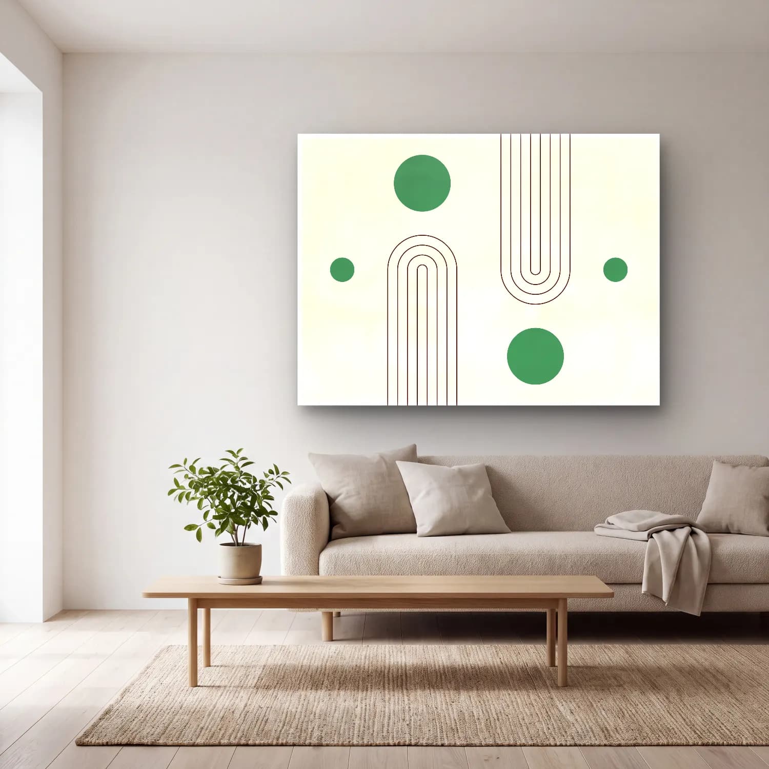 Çizgi Sanatı Geometrik Daireler – Yeşil Tonlar cam tablo — açık renk salonda
