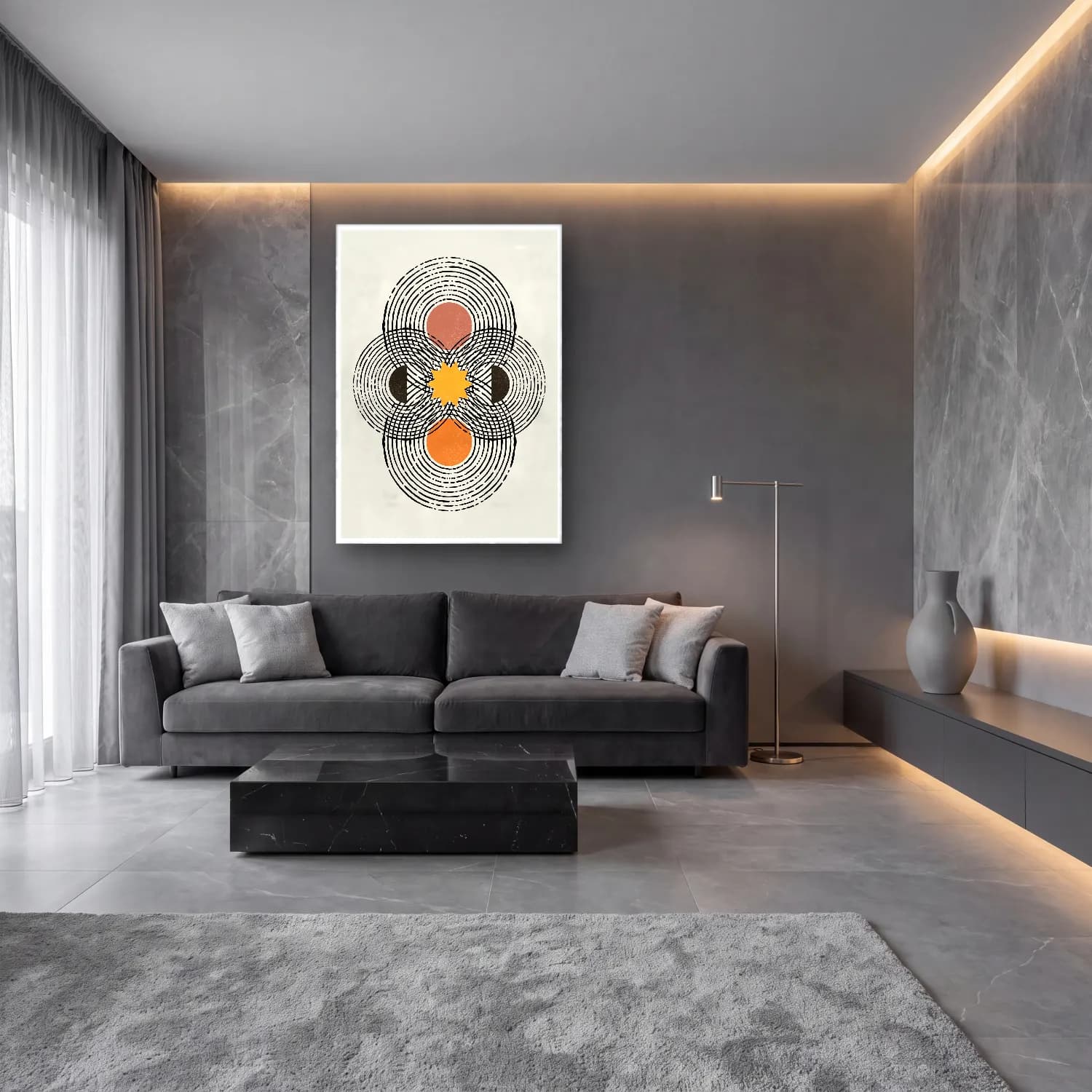 Boho Geometrik Daireler – Siyah Beyaz Tonlar cam tablo — lüks salon duvarında