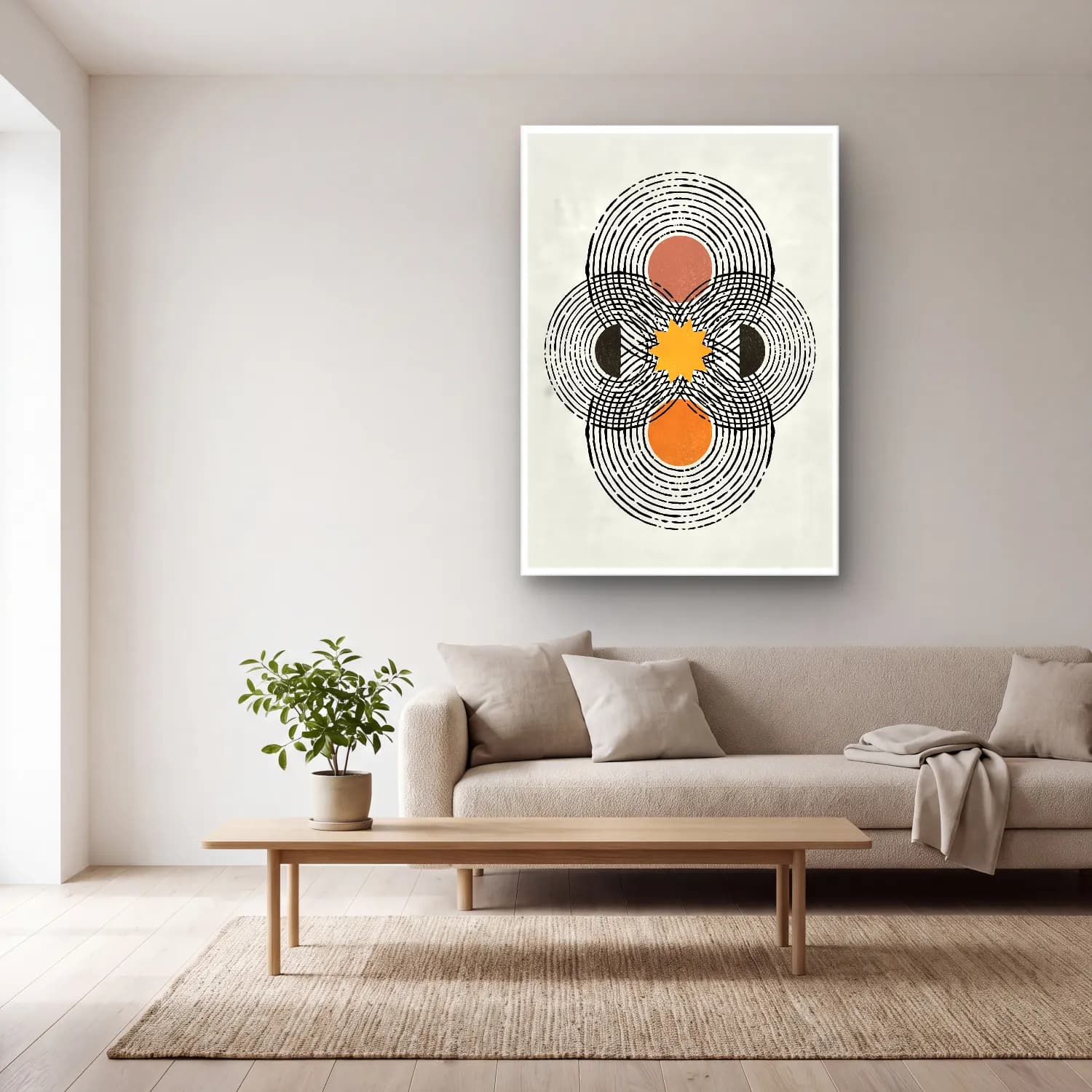 Boho Geometrik Daireler – Siyah Beyaz Tonlar cam tablo — açık renk salonda