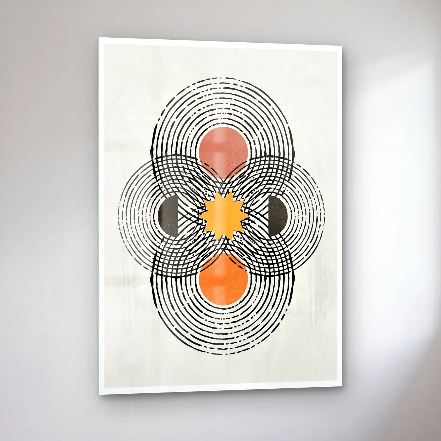 Boho Geometrik Daireler – Siyah Beyaz Tonlar cam tablo — sol açıdan görünüm