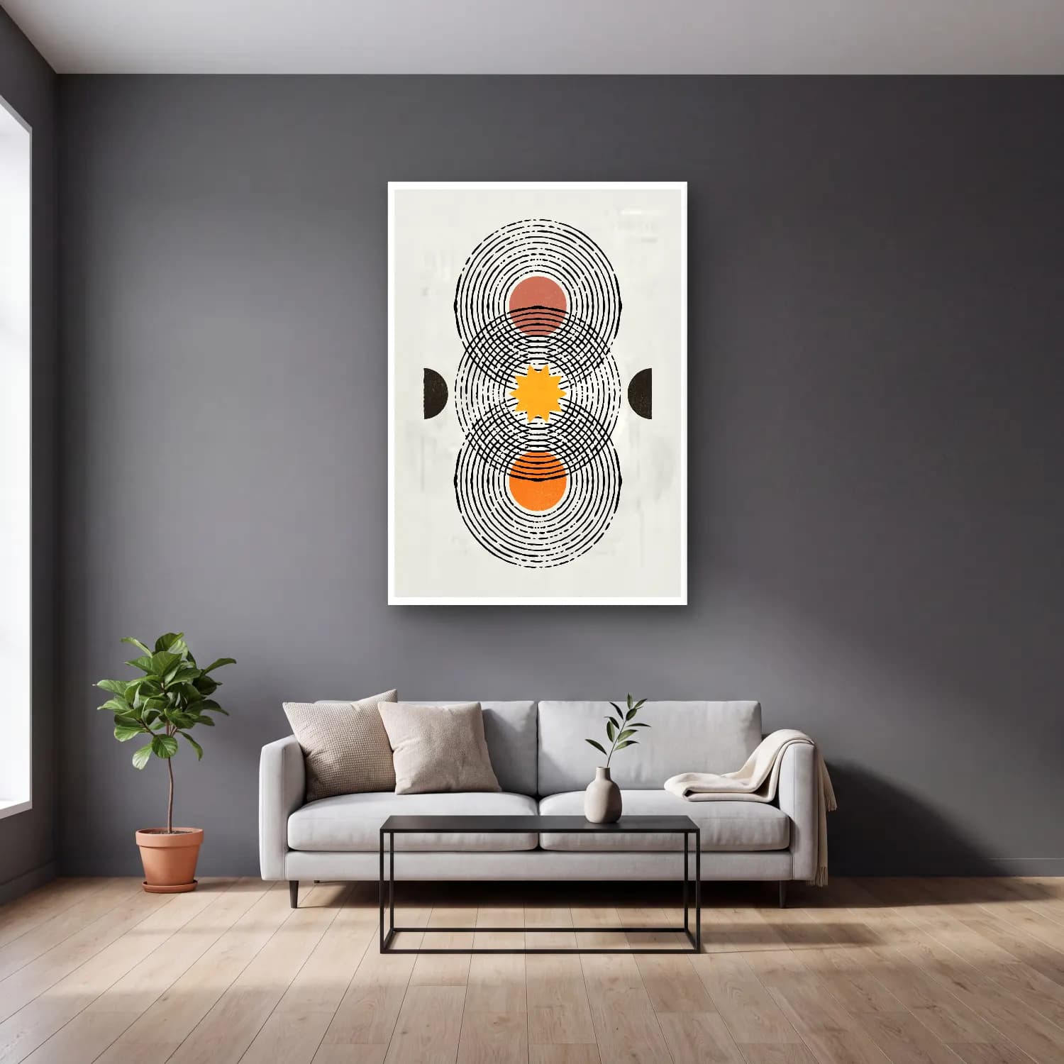 Boho Geometrik Daireler No. 6 cam tablo — gri duvarlı salonda
