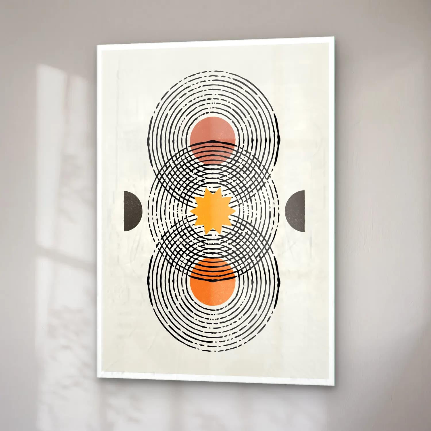Boho Geometrik Daireler No. 6 cam tablo — sağ açıdan görünüm