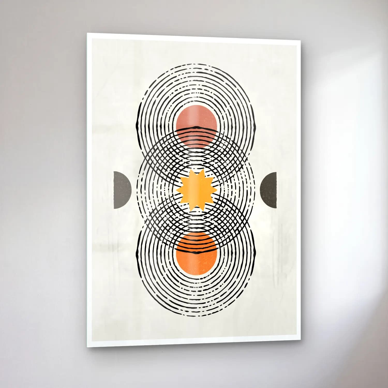 Boho Geometrik Daireler No. 6 cam tablo — sol açıdan görünüm