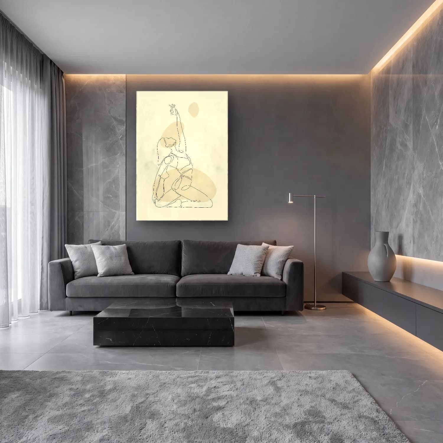 Çizgi Sanatı Kadın Silueti cam tablo — lüks salon duvarında