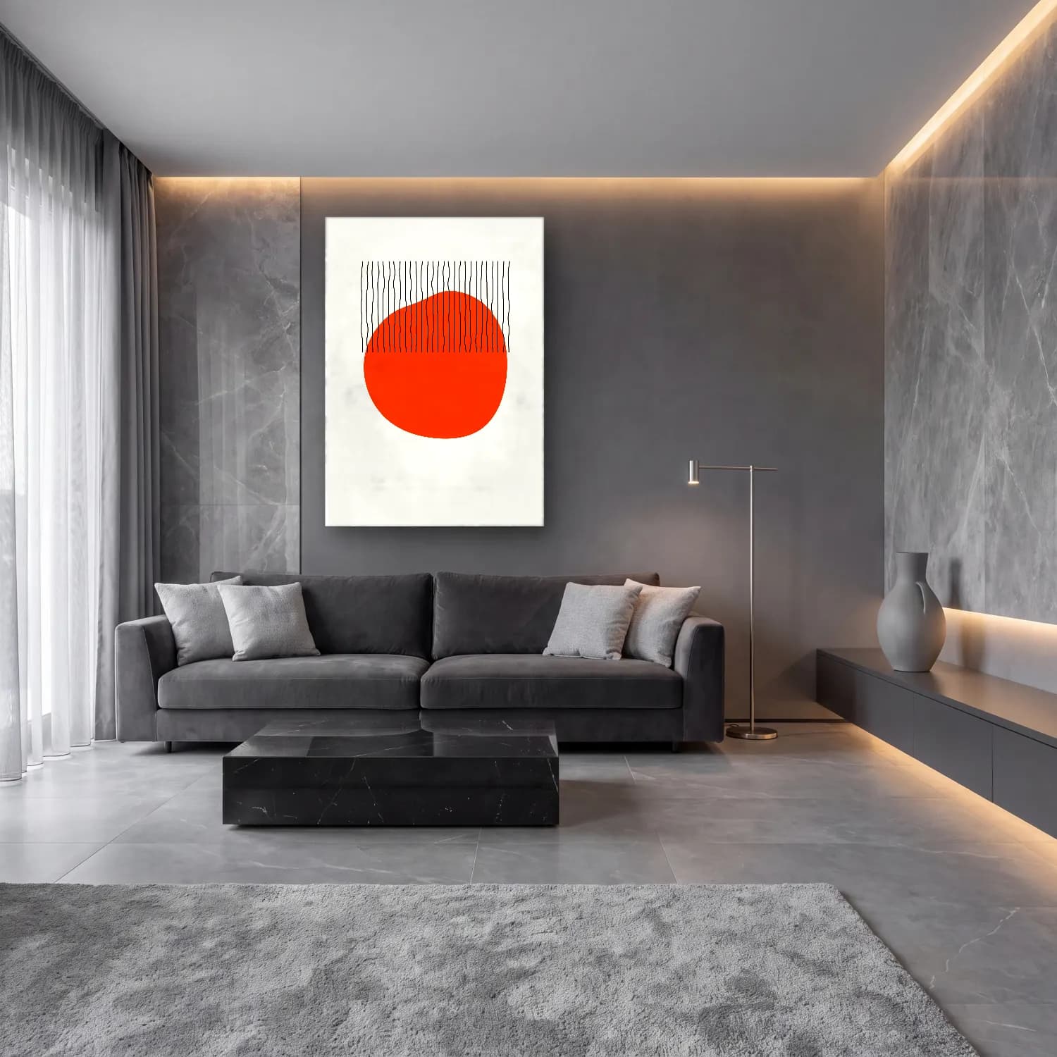 Çizgi Sanatı Geometrik Daireler – Turuncu Tonlar cam tablo — lüks salon duvarında