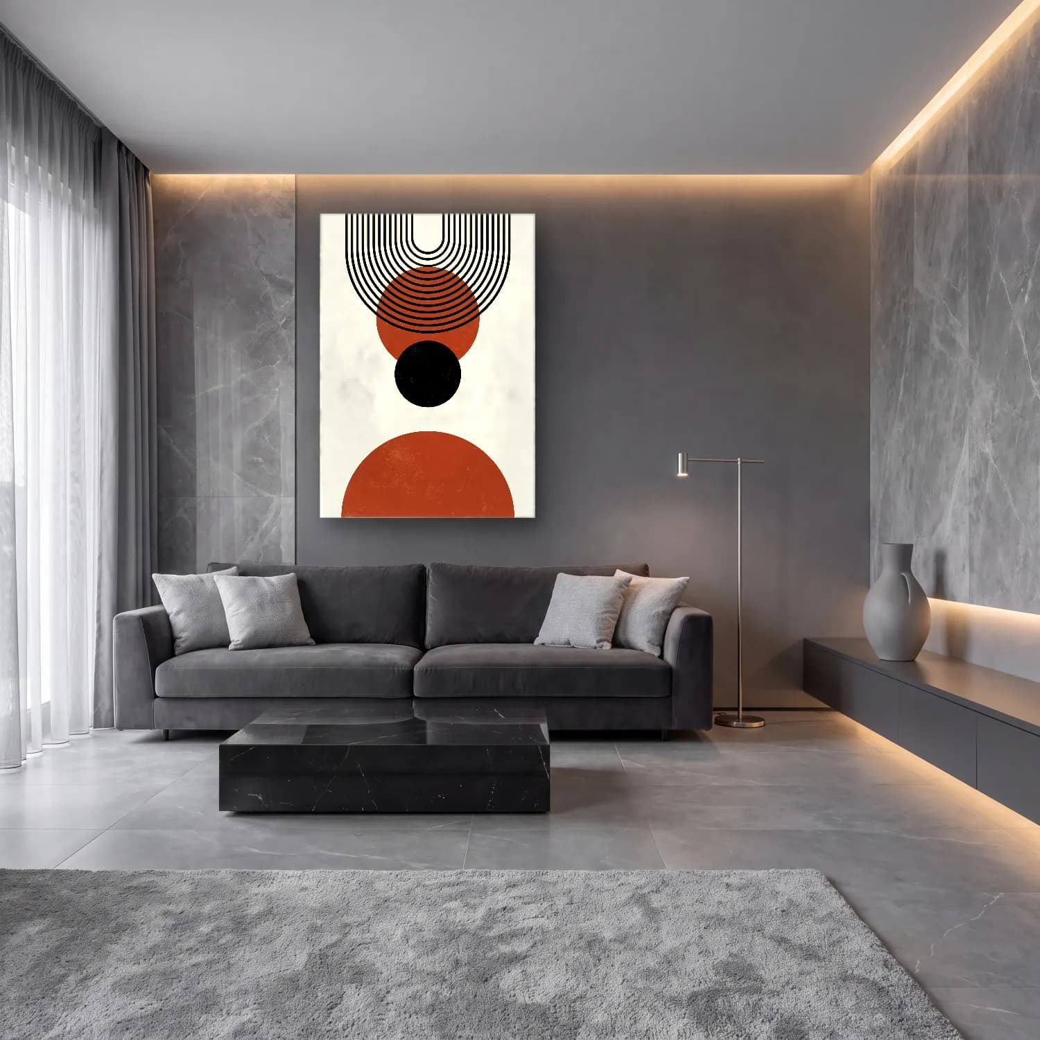 Boho Geometrik Daireler No. 8 cam tablo — lüks salon duvarında