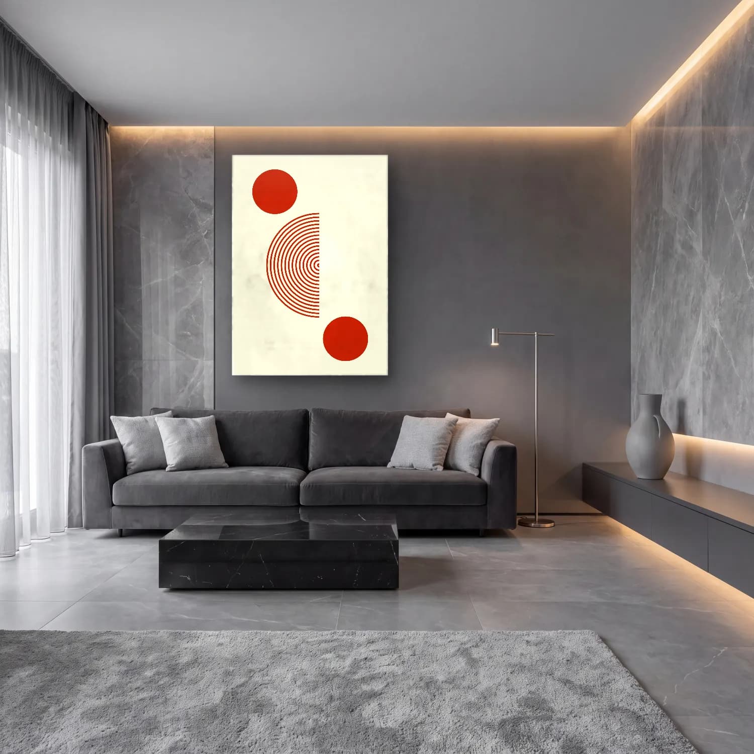 Bauhaus Geometrik Daireler – Bej Tonlar cam tablo — lüks salon duvarında