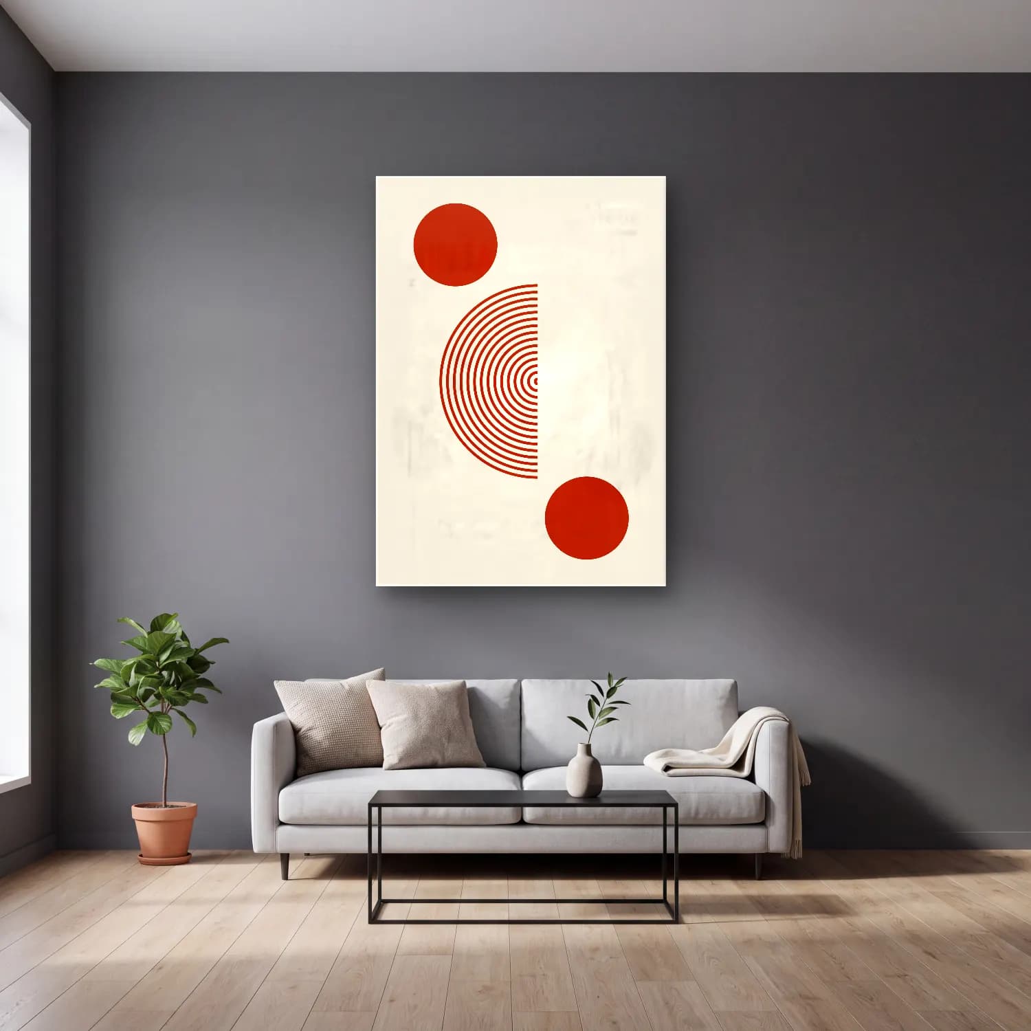 Bauhaus Geometrik Daireler – Bej Tonlar cam tablo — gri duvarlı salonda