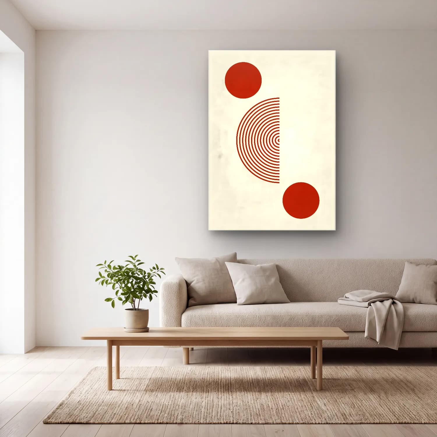 Bauhaus Geometrik Daireler – Bej Tonlar cam tablo — açık renk salonda