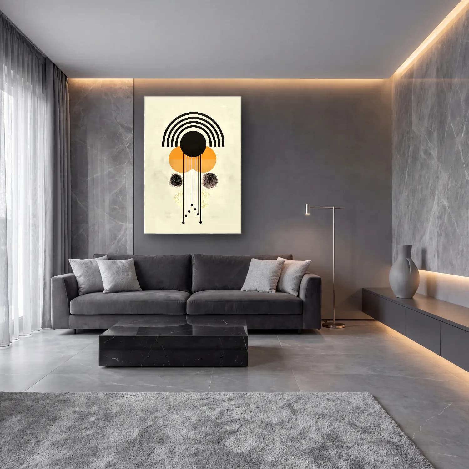 Boho Geometrik Daireler No. 11 cam tablo — lüks salon duvarında