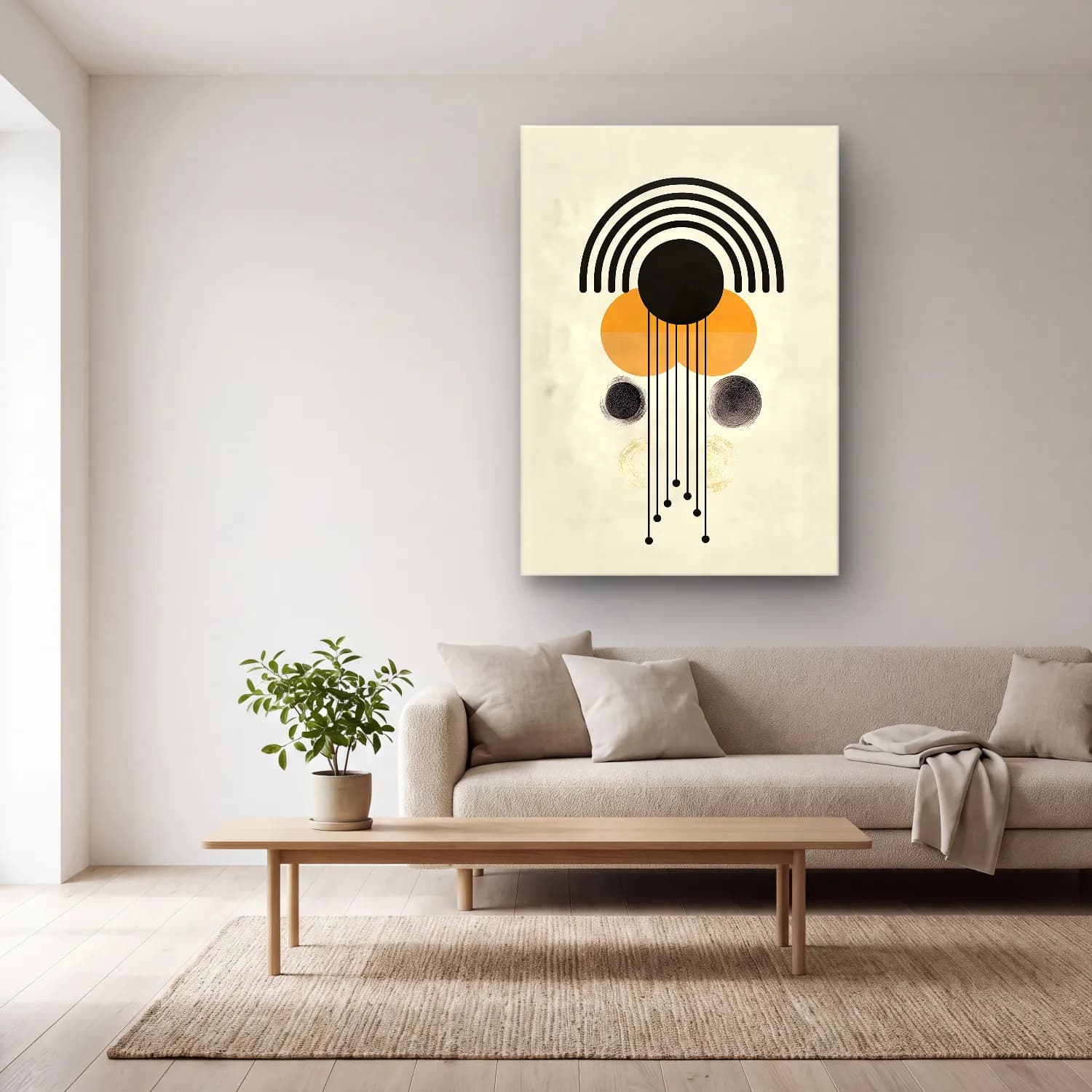 Boho Geometrik Daireler No. 11 cam tablo — açık renk salonda