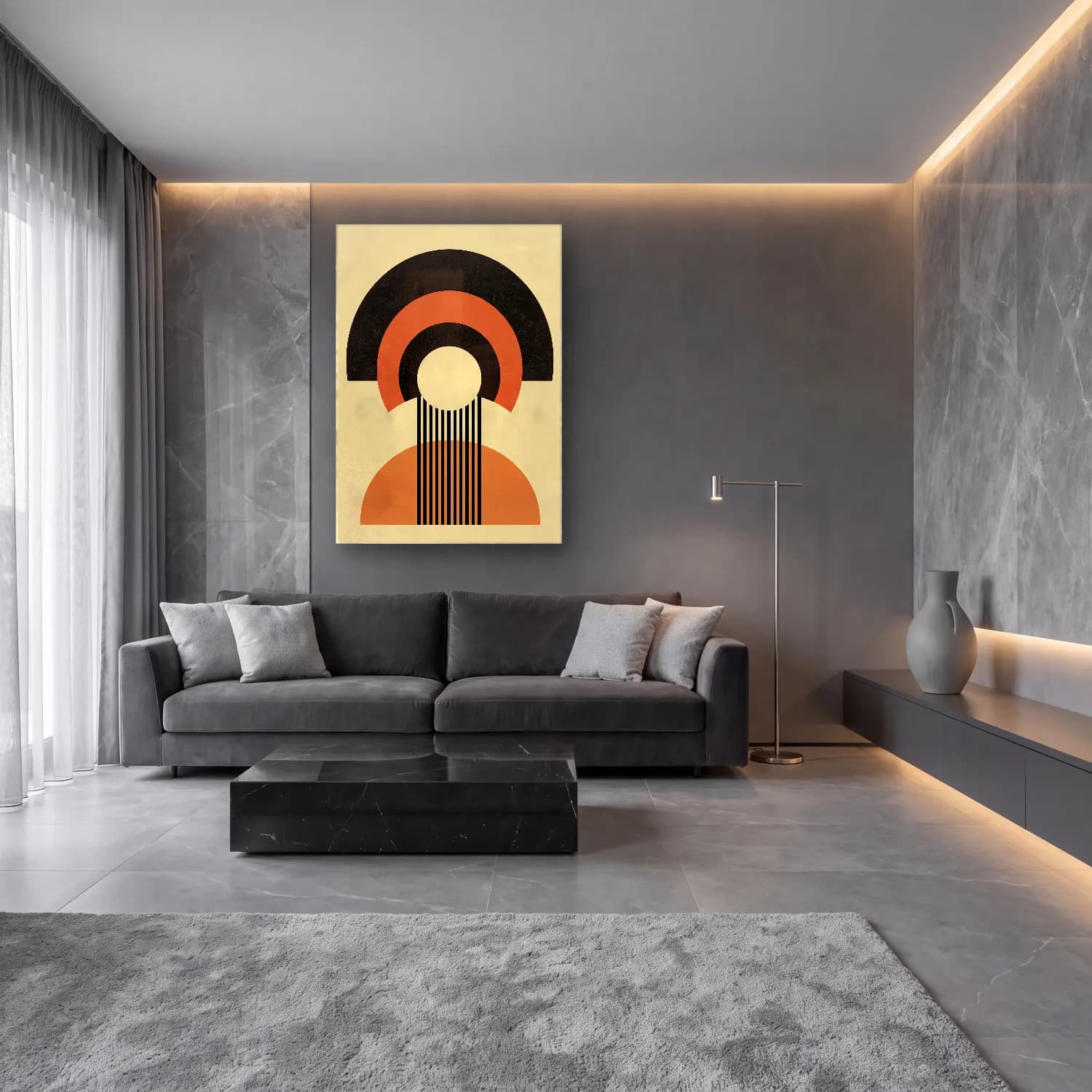 Boho Geometrik Daireler No. 12 cam tablo — lüks salon duvarında