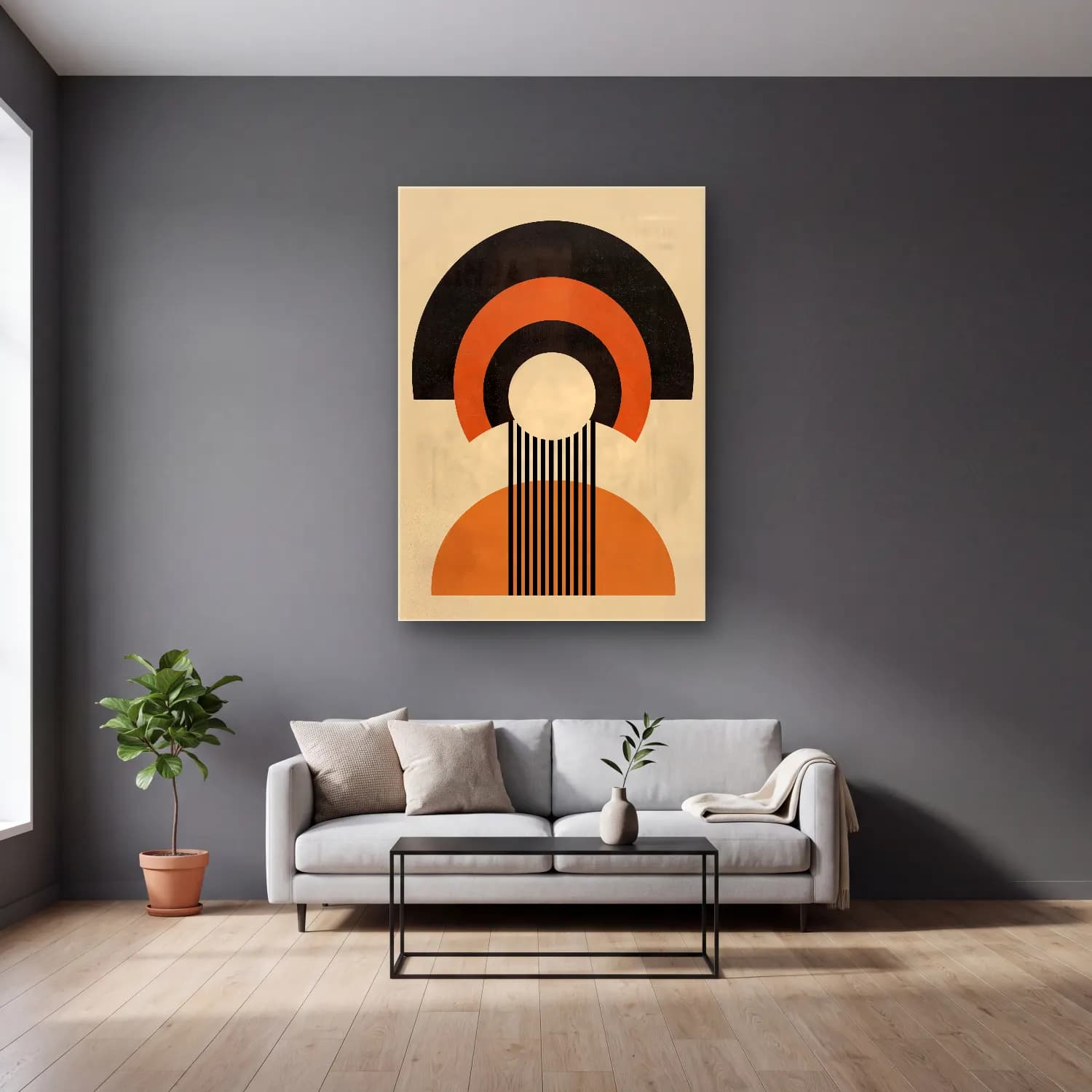 Boho Geometrik Daireler No. 12 cam tablo — gri duvarlı salonda