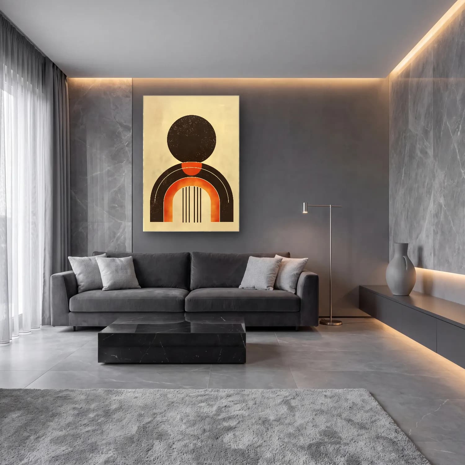 Bauhaus Soyut Kemer – Bej Tonlar cam tablo — lüks salon duvarında