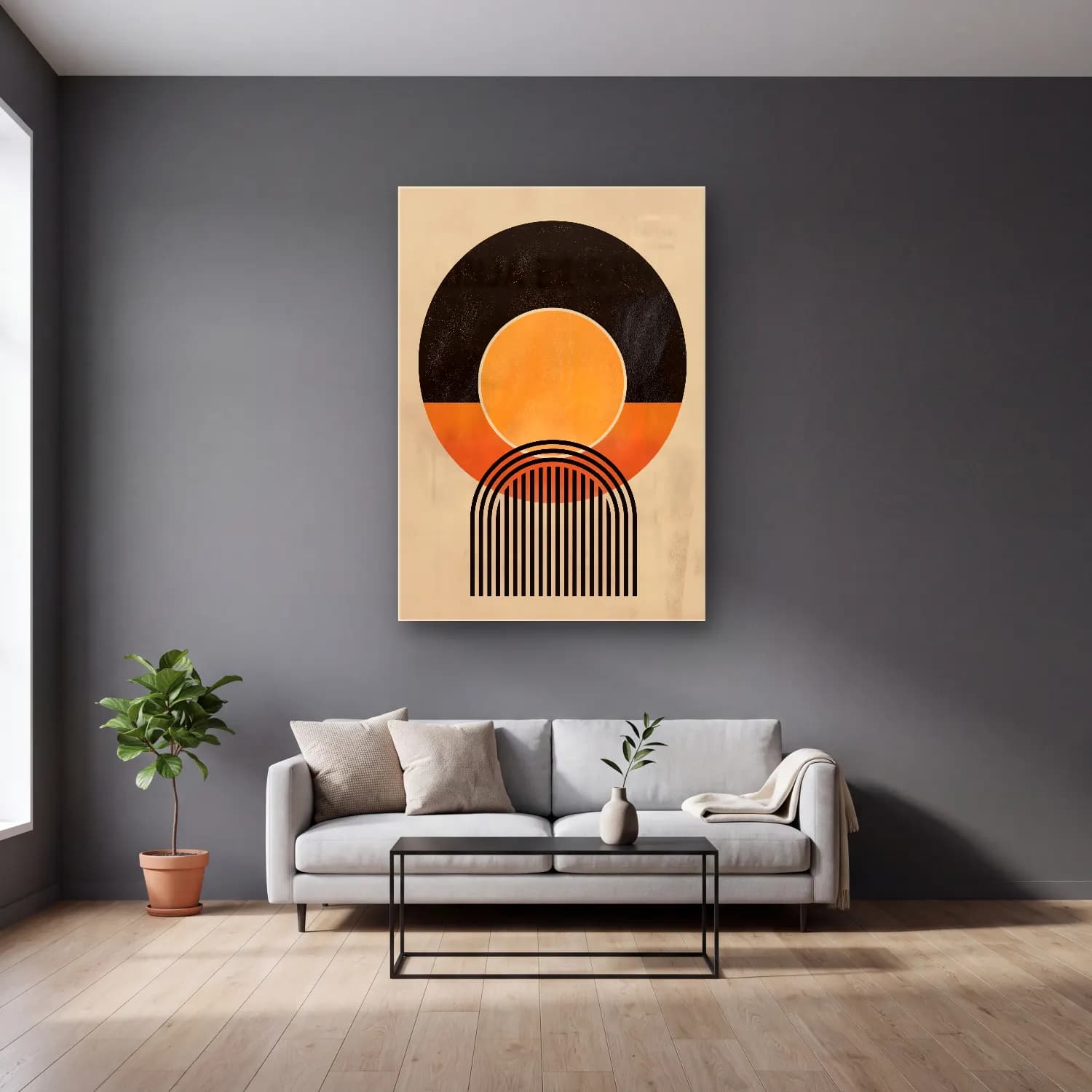Boho Geometrik Daireler No. 13 cam tablo — gri duvarlı salonda