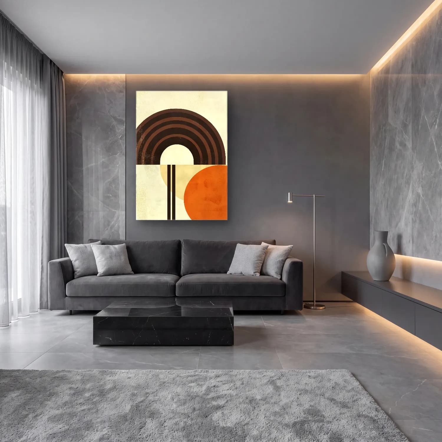 Modern Soyut Kemer – Bej Tonlar cam tablo — lüks salon duvarında