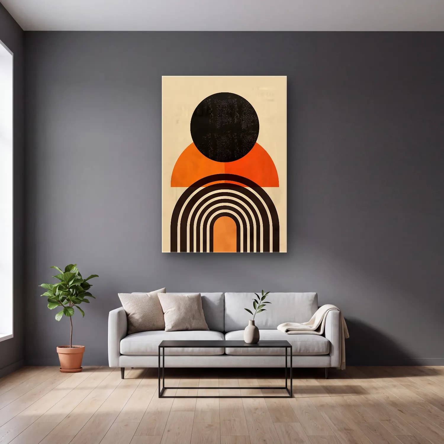 Bauhaus Geometrik Daireler No. 20 cam tablo — gri duvarlı salonda