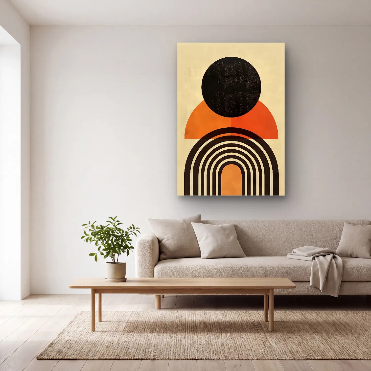 Bauhaus Geometrik Daireler No. 20 cam tablo — açık renk salonda