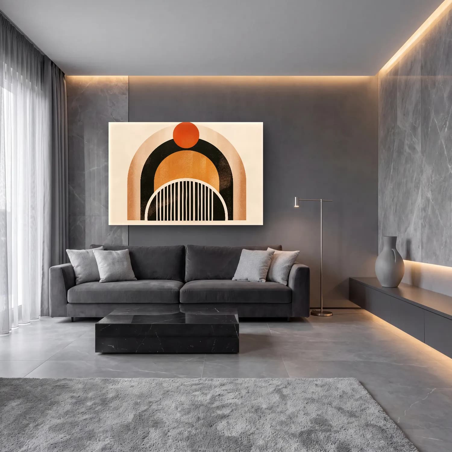 Bauhaus Soyut Kemer – Turuncu Tonlar cam tablo — lüks salon duvarında