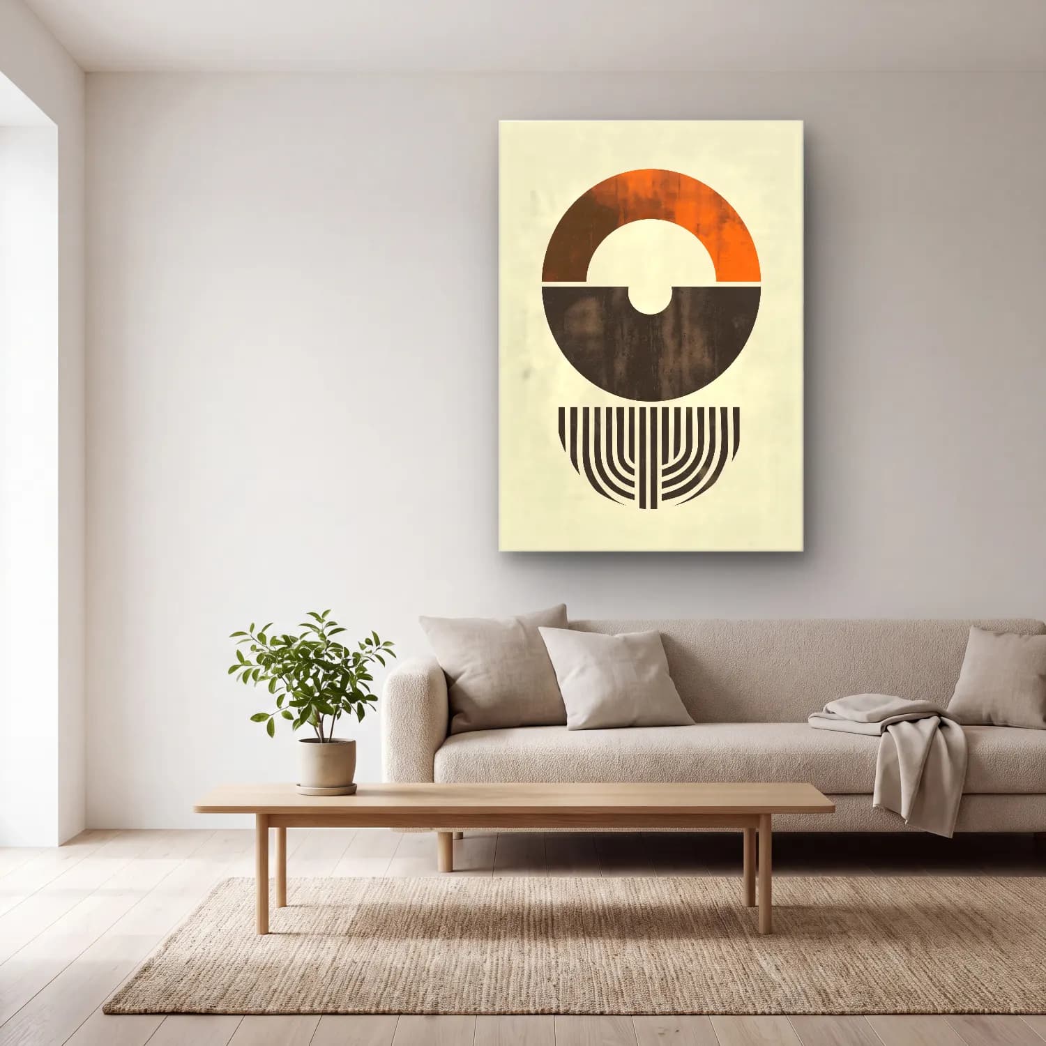 Bauhaus Geometrik Daireler No. 21 cam tablo — açık renk salonda