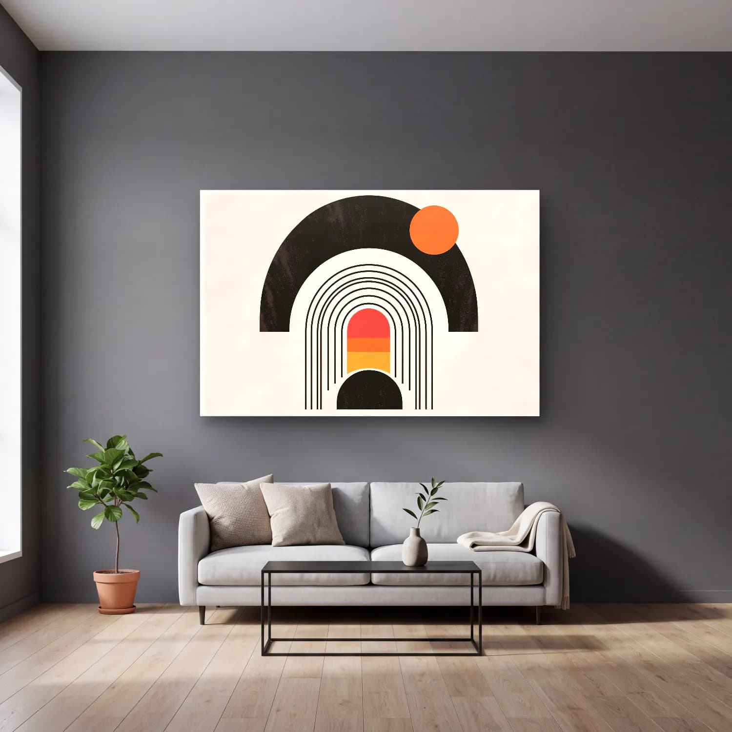 Bauhaus Soyut Kemer No. 6 cam tablo — gri duvarlı salonda