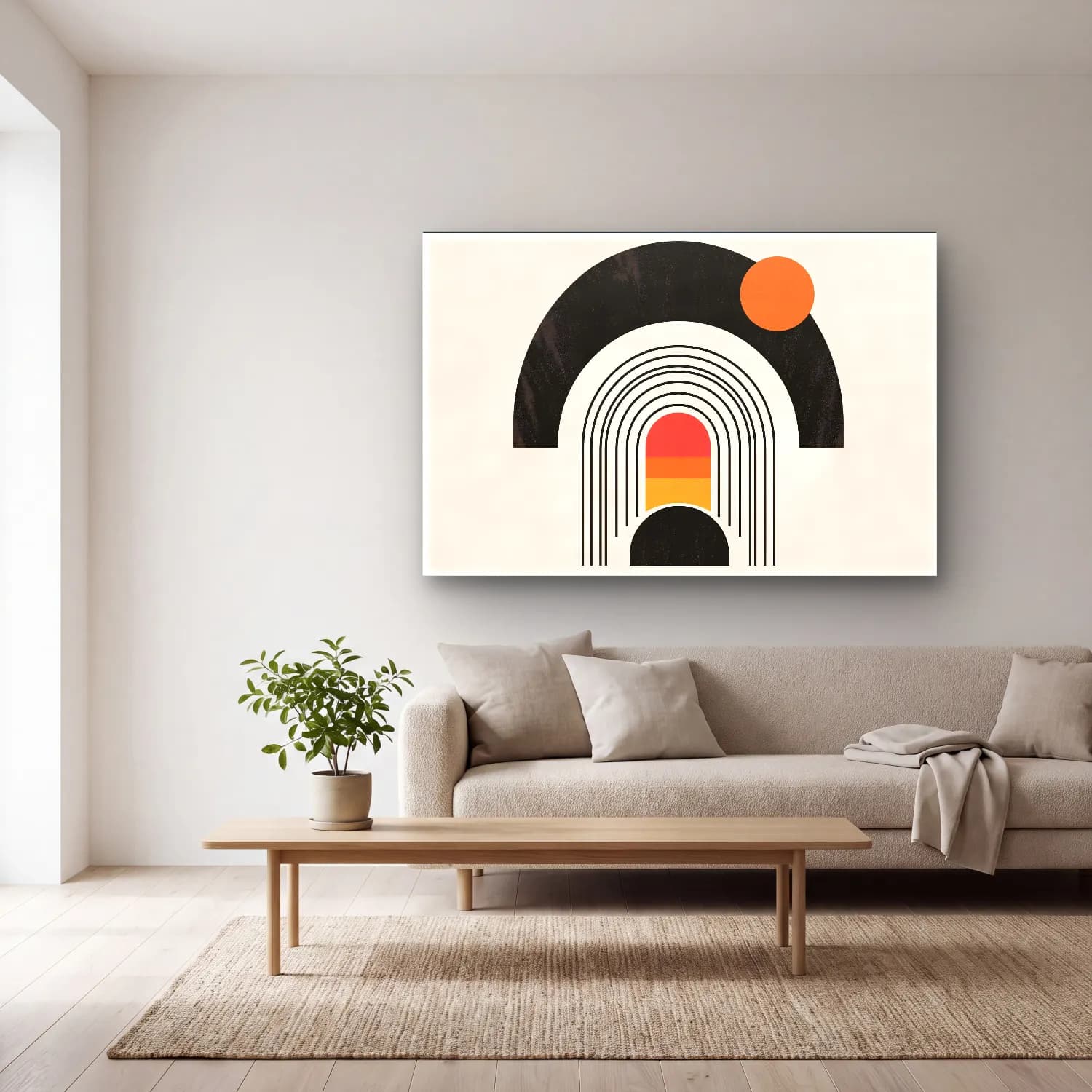 Bauhaus Soyut Kemer No. 6 cam tablo — açık renk salonda