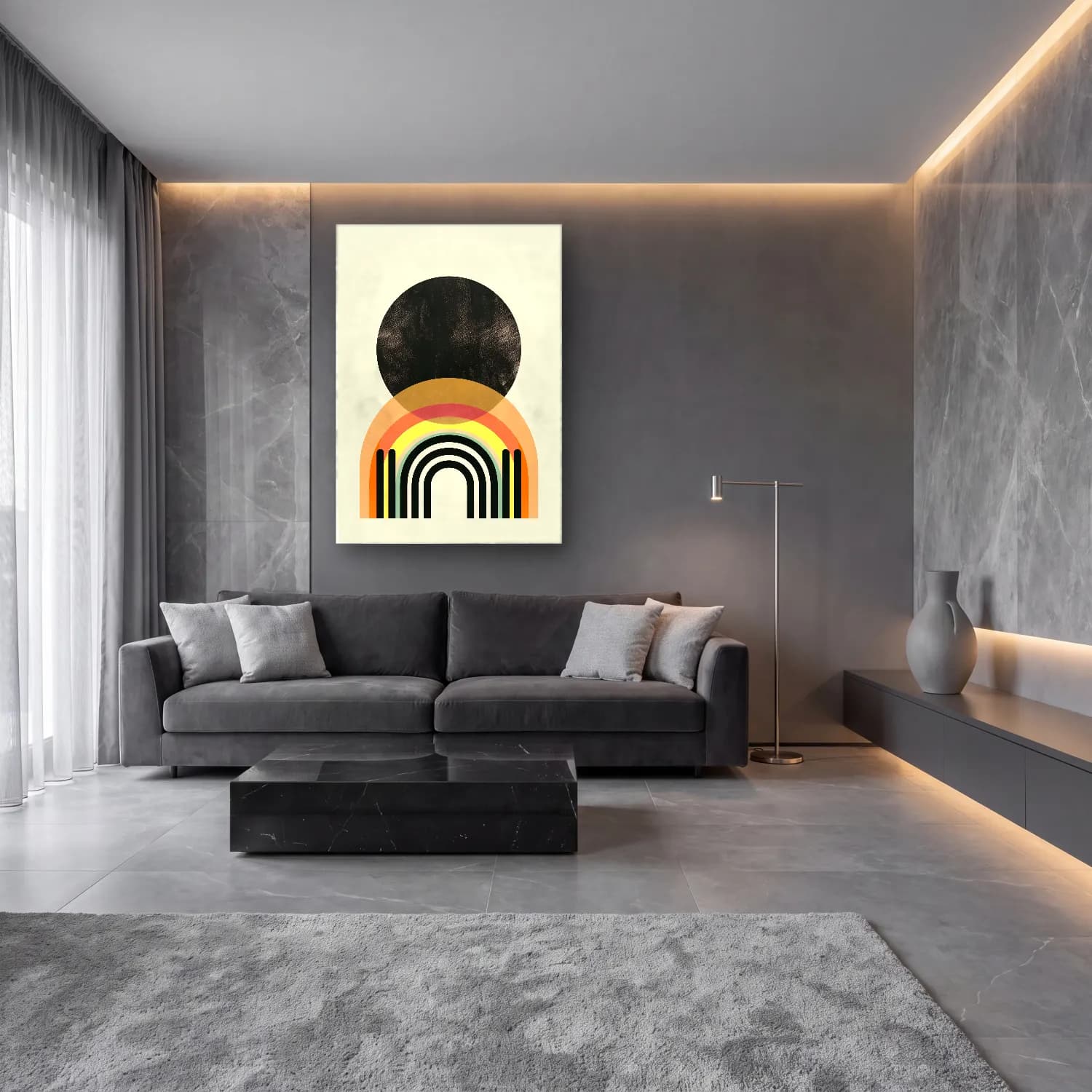 Boho Soyut Kemer No. 21 cam tablo — lüks salon duvarında