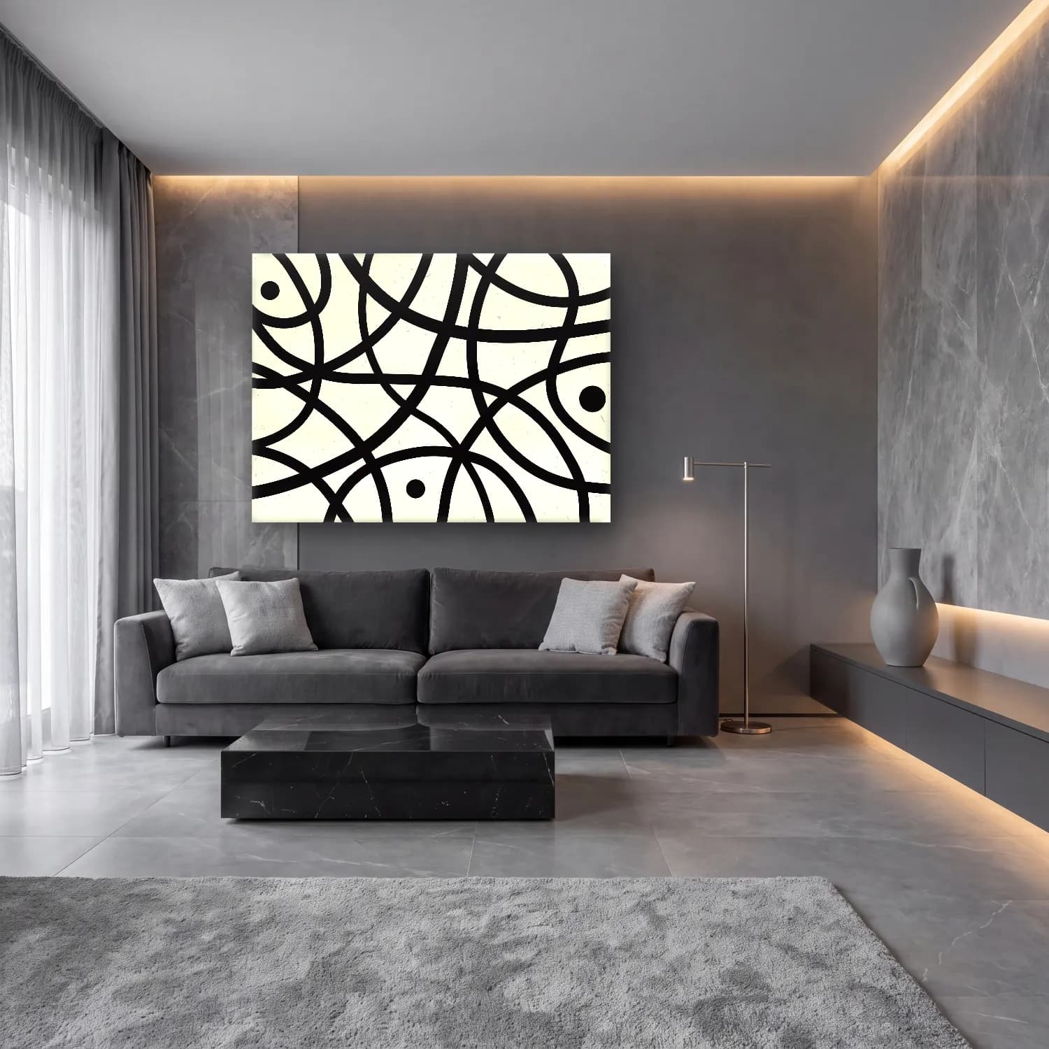 Çizgi Sanatı Geometrik Daireler No. 10 cam tablo — lüks salon duvarında