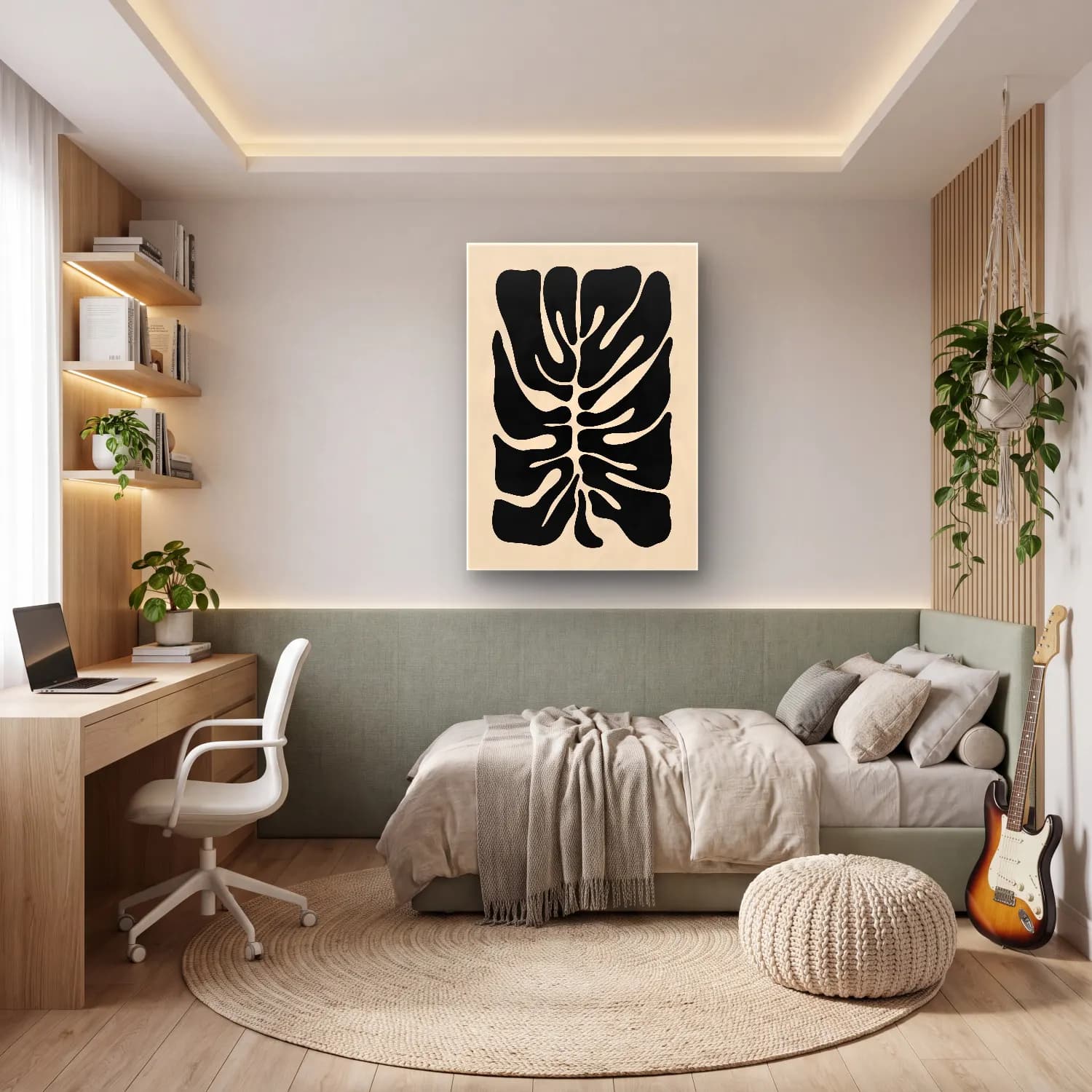 Boho Monstera Yaprağı – Siyah Beyaz Tonlar cam tablo — genç odasında