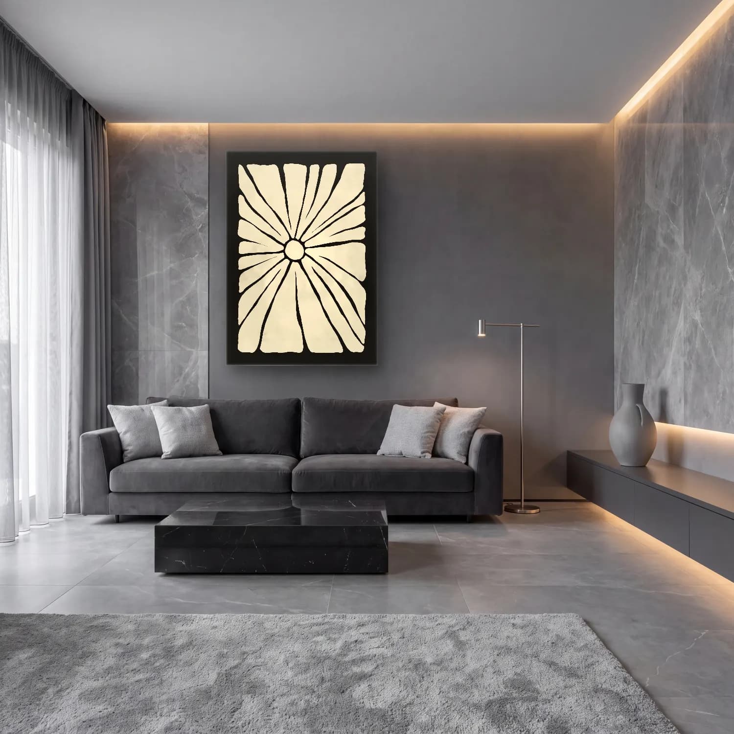 Boho Çiçek Deseni No. 76 cam tablo — lüks salon duvarında