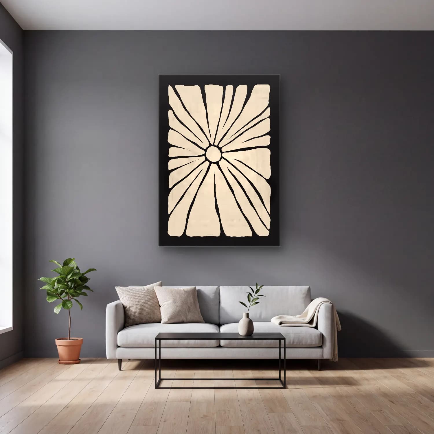 Boho Çiçek Deseni No. 76 cam tablo — gri duvarlı salonda
