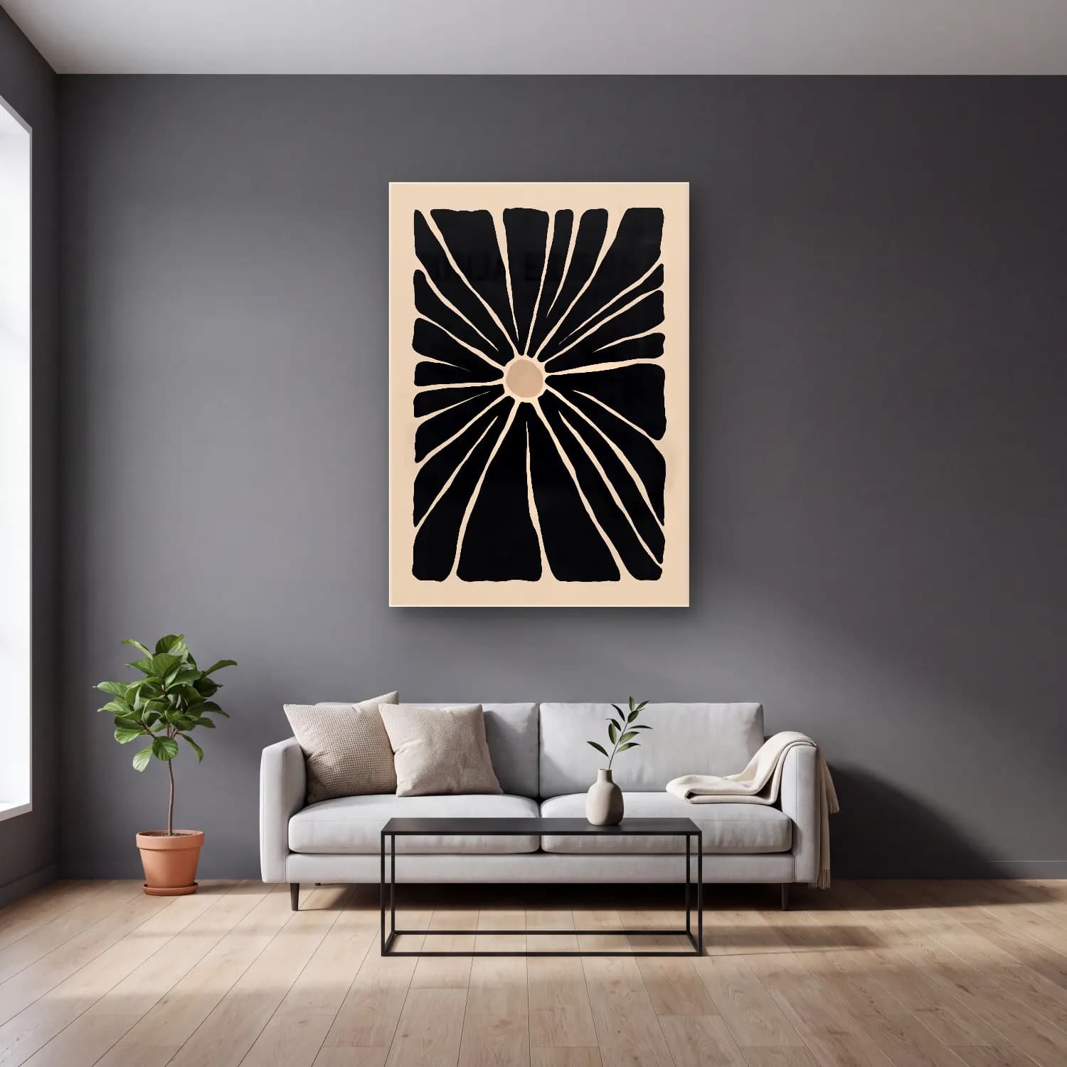 Boho Çiçek Deseni No. 77 cam tablo — gri duvarlı salonda
