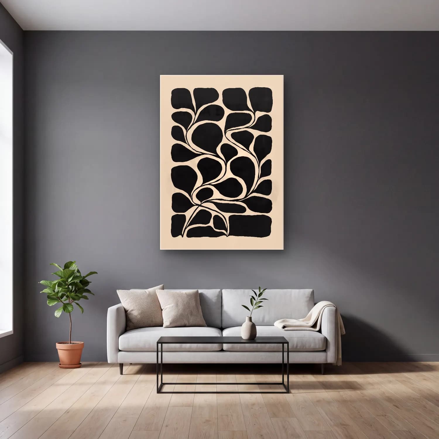 Boho Çiçek Deseni No. 78 cam tablo — gri duvarlı salonda