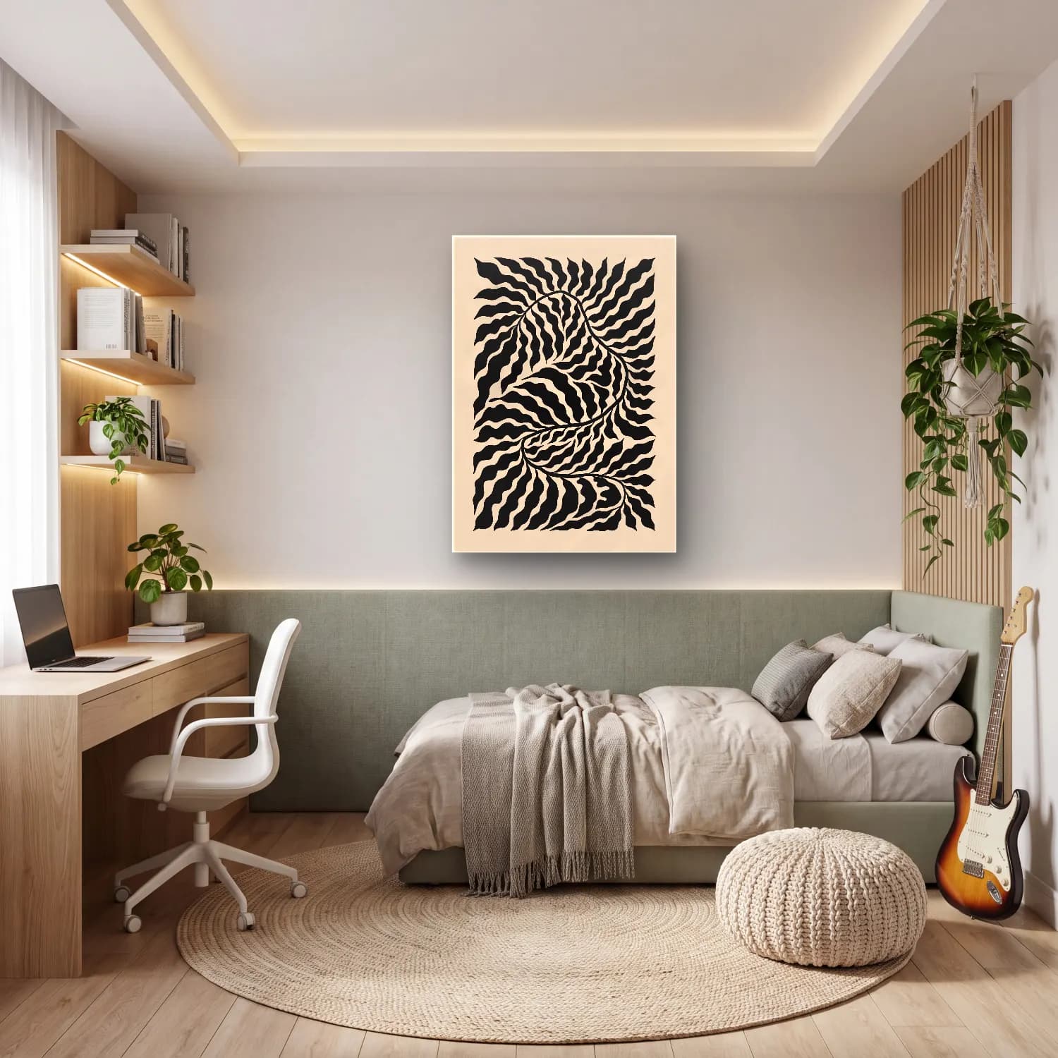 Boho Dalgalı Çizgiler – Siyah Beyaz Tonlar cam tablo — genç odasında
