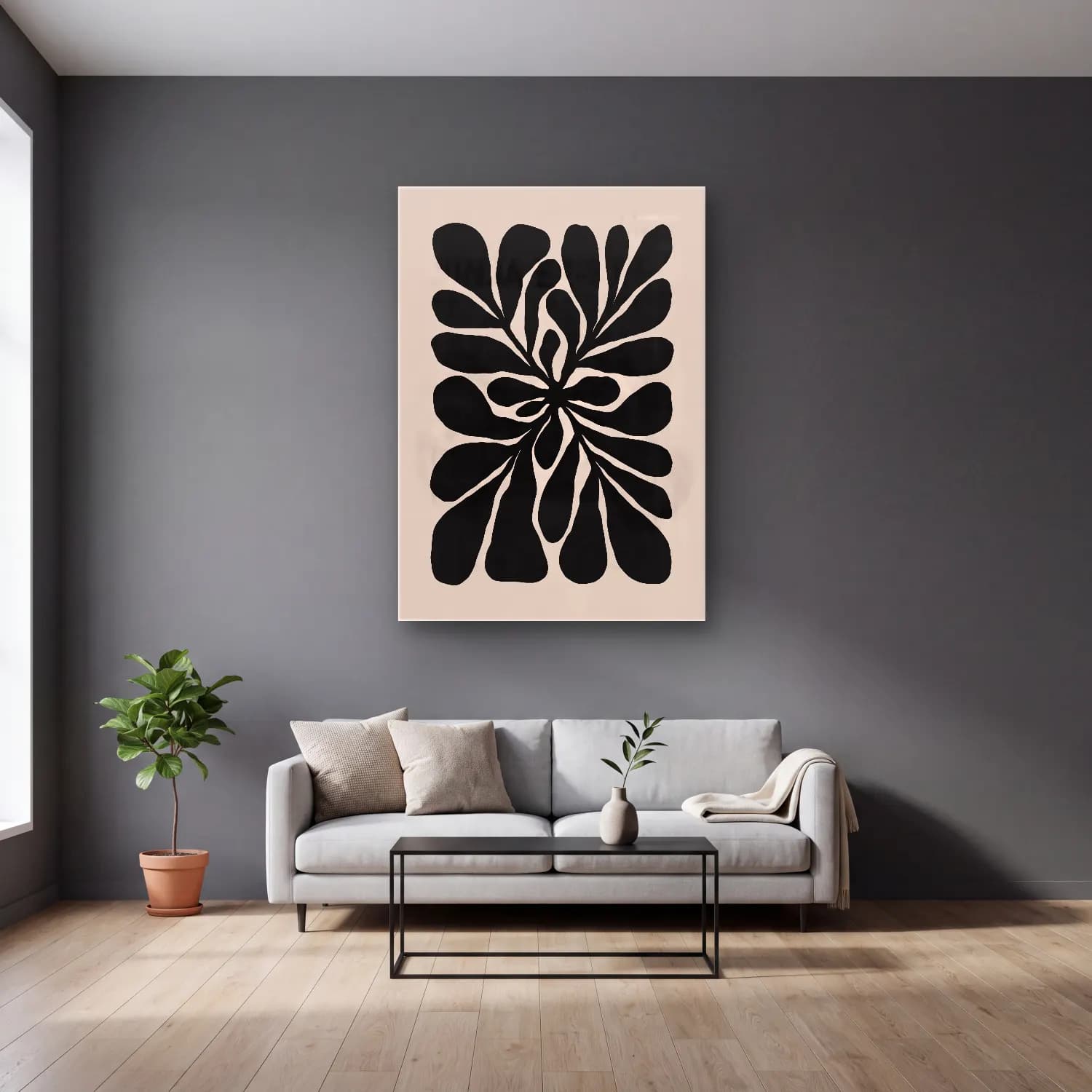Boho Çiçek Deseni No. 83 cam tablo — gri duvarlı salonda