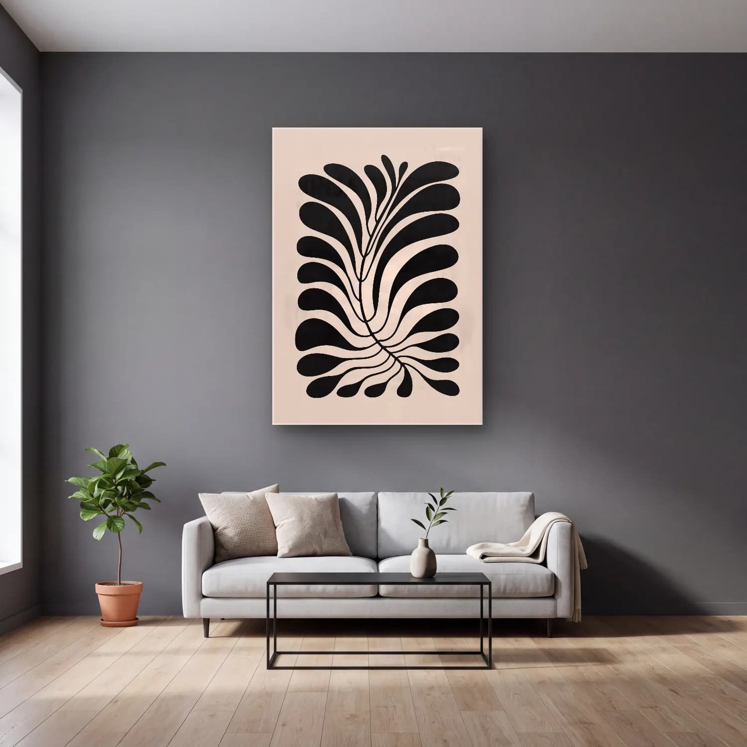 Boho Çiçek Deseni No. 84 cam tablo — gri duvarlı salonda